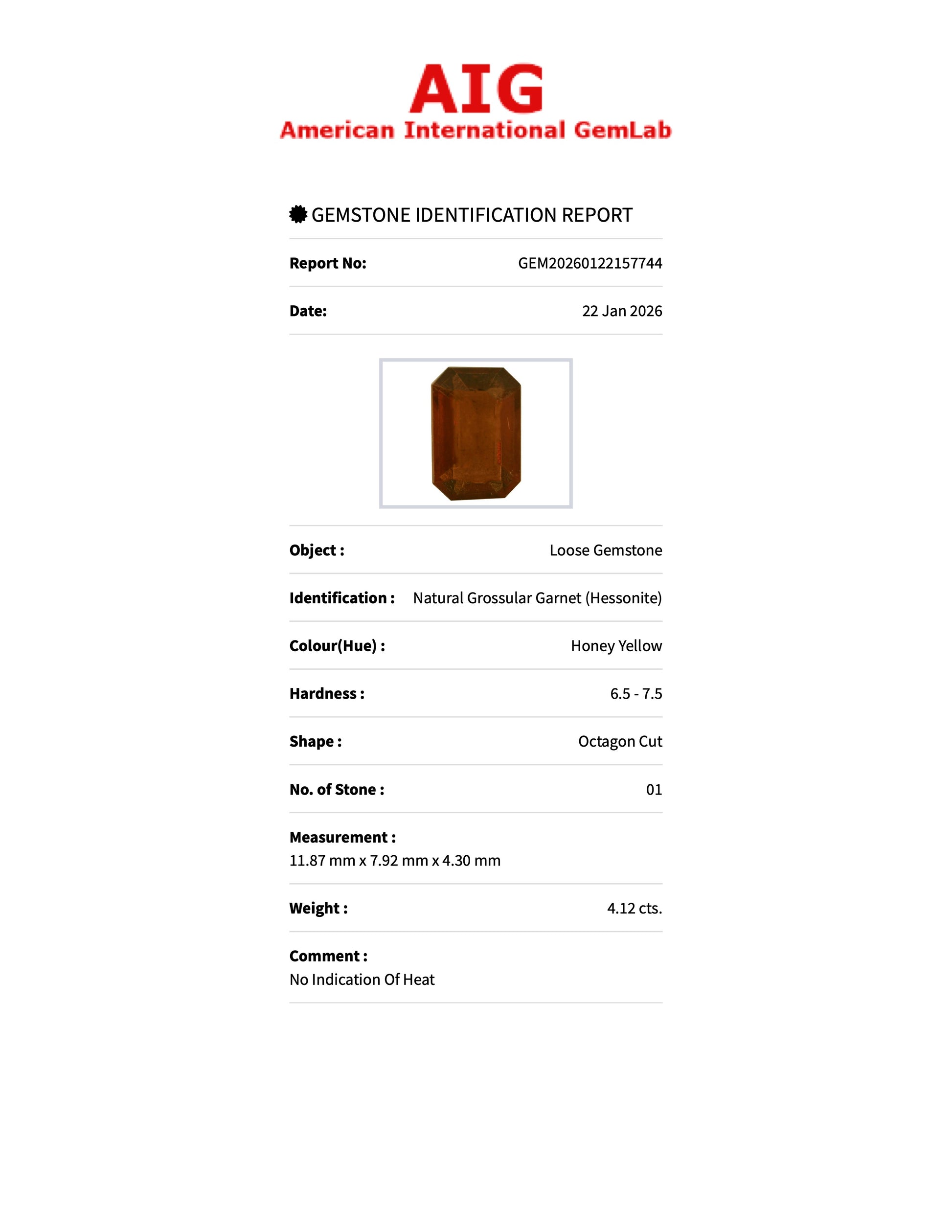 Sapphire Row 4.12 ct Natural Hessonite Garnet Honey Yellow, Emerald Cut, AIG Certified