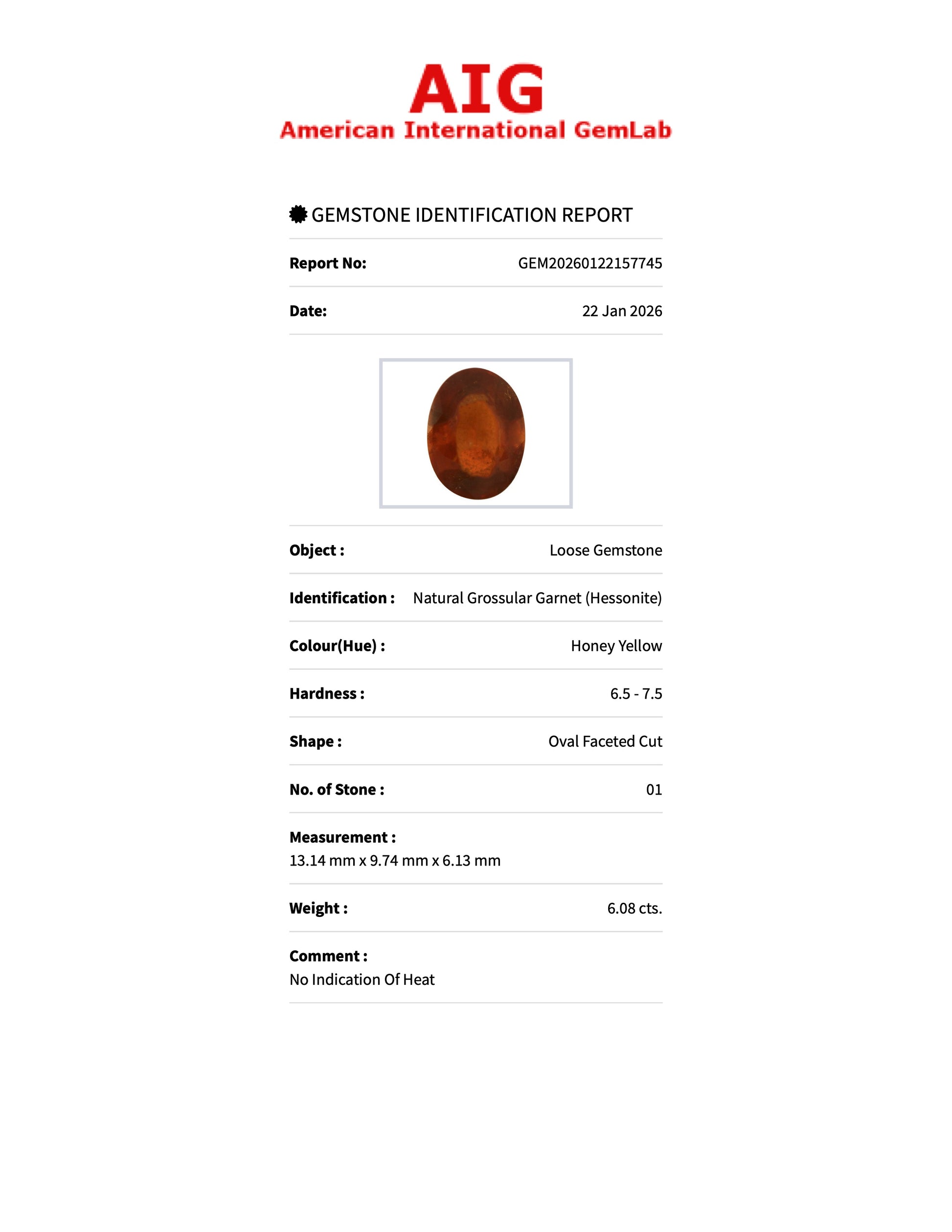 6.08 ct Natural Hessonite Garnet Honey Yellow – Oval Cut – AIG Certified