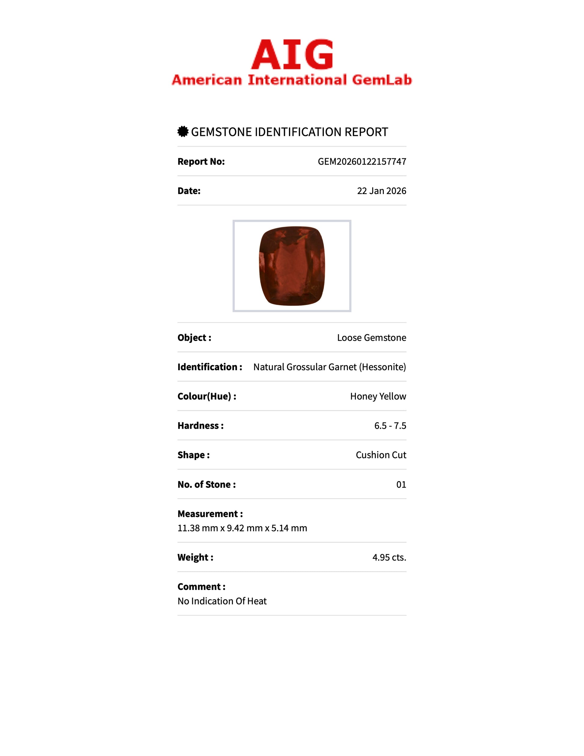 4.95 ct Natural Hessonite Garnet Honey Yellow – Cushion Cut – AIG Certified