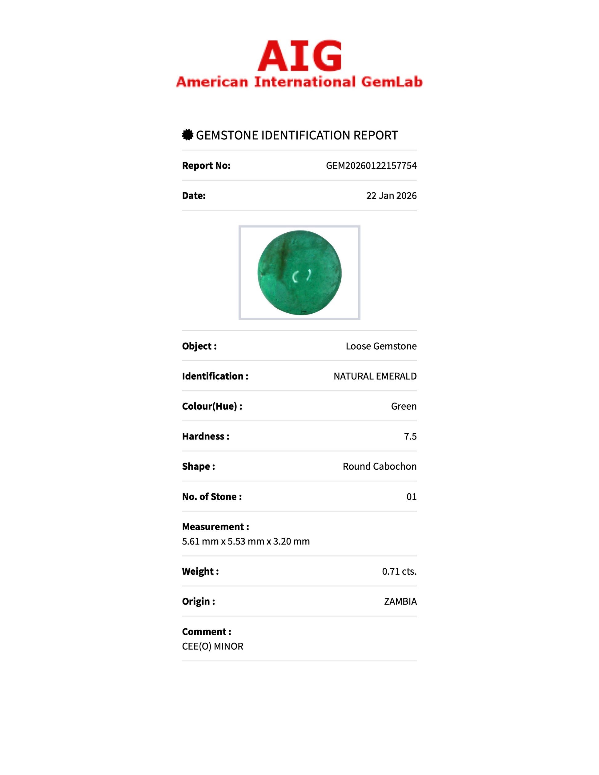 Sapphire Row 0.71 ct Natural Emerald Green, Round Cabochon, Zambia, AIG Certified