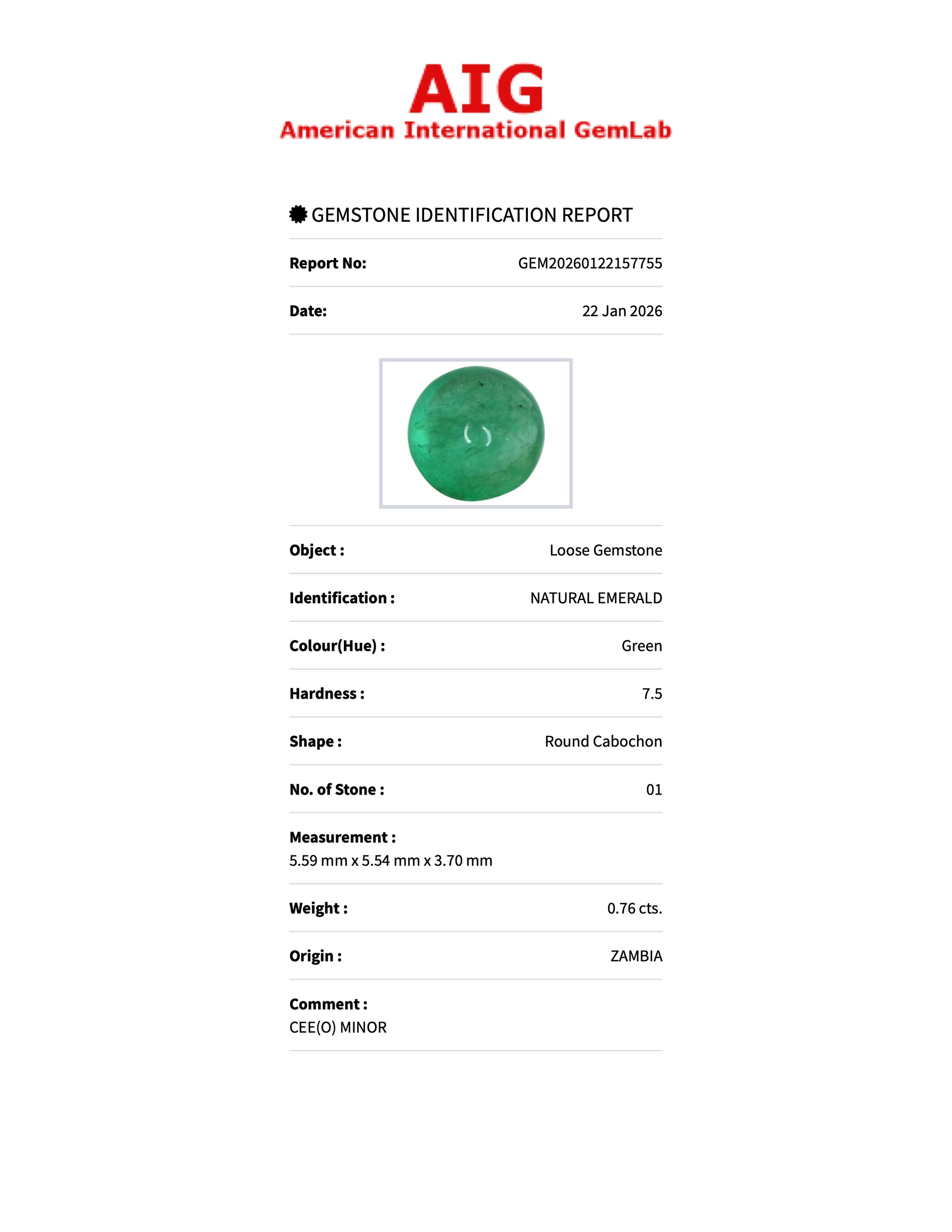 0.76 ct Natural Emerald Green – Round Cabochon – Zambia – AIG Certified