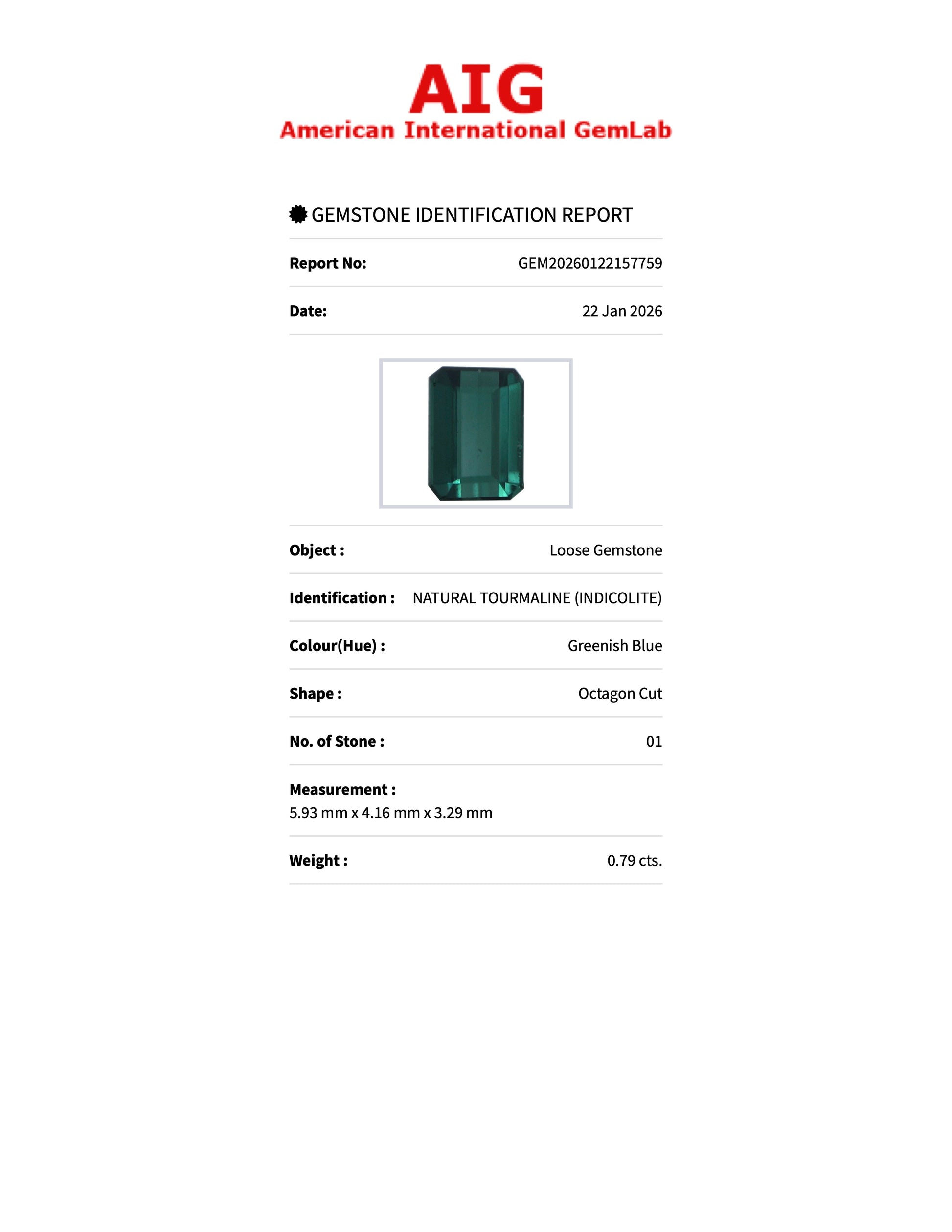 0.79 ct Natural Tourmaline (Indicolite) Greenish Blue – Emerald Cut – AIG Certified