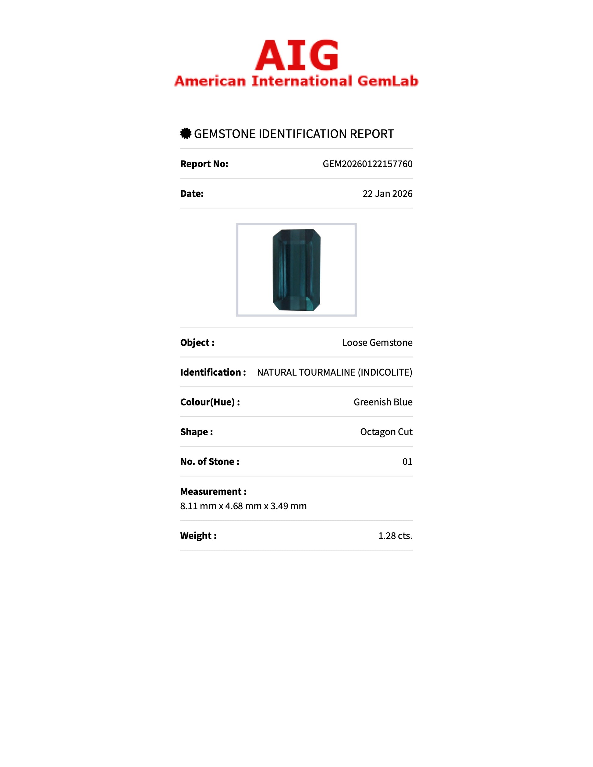 Sapphire Row 1.28 ct Natural Tourmaline (Indicolite) Greenish Blue, Emerald Cut, AIG Certified