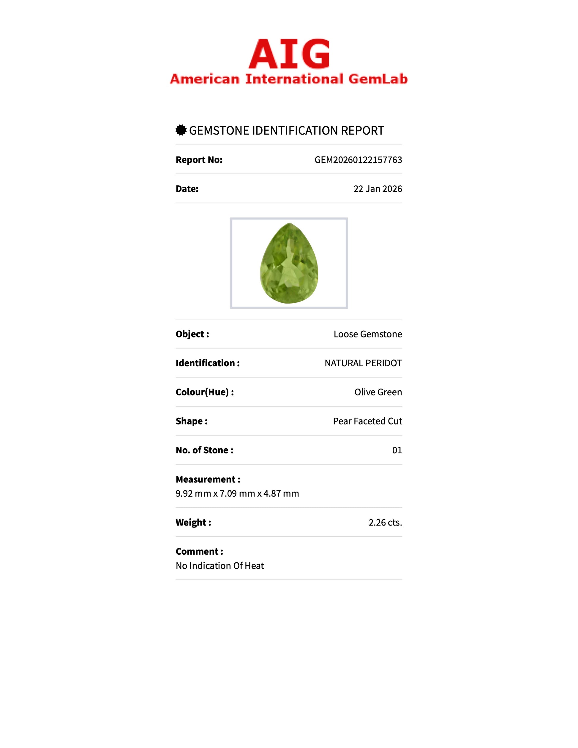 2.26 ct Natural Peridot Olive Green – Pear Cut – AIG Certified
