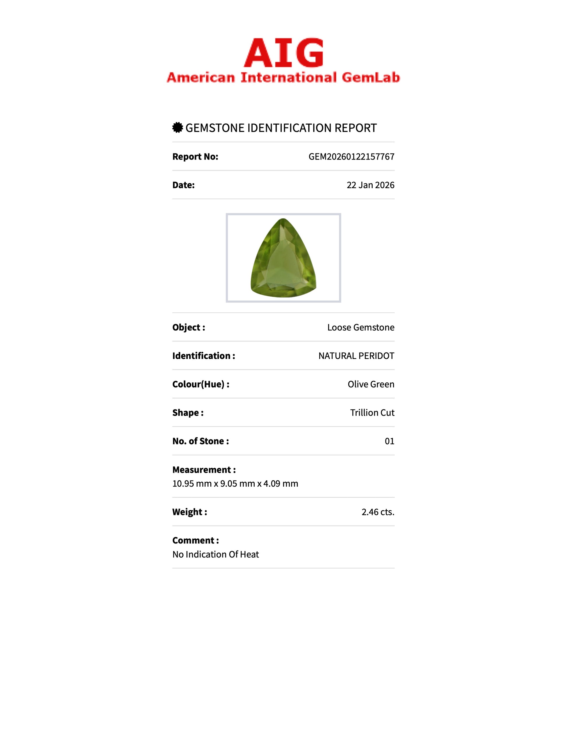 2.46 ct Natural Peridot Olive Green – Trillion Cut – AIG Certified