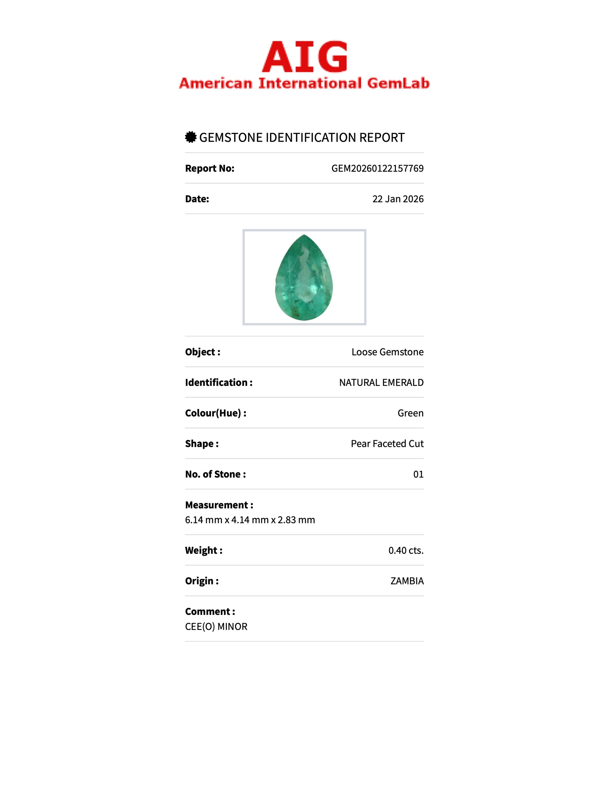 Sapphire Row 0.40 ct Natural Emerald Green, Pear Cut, Zambia, AIG Certified