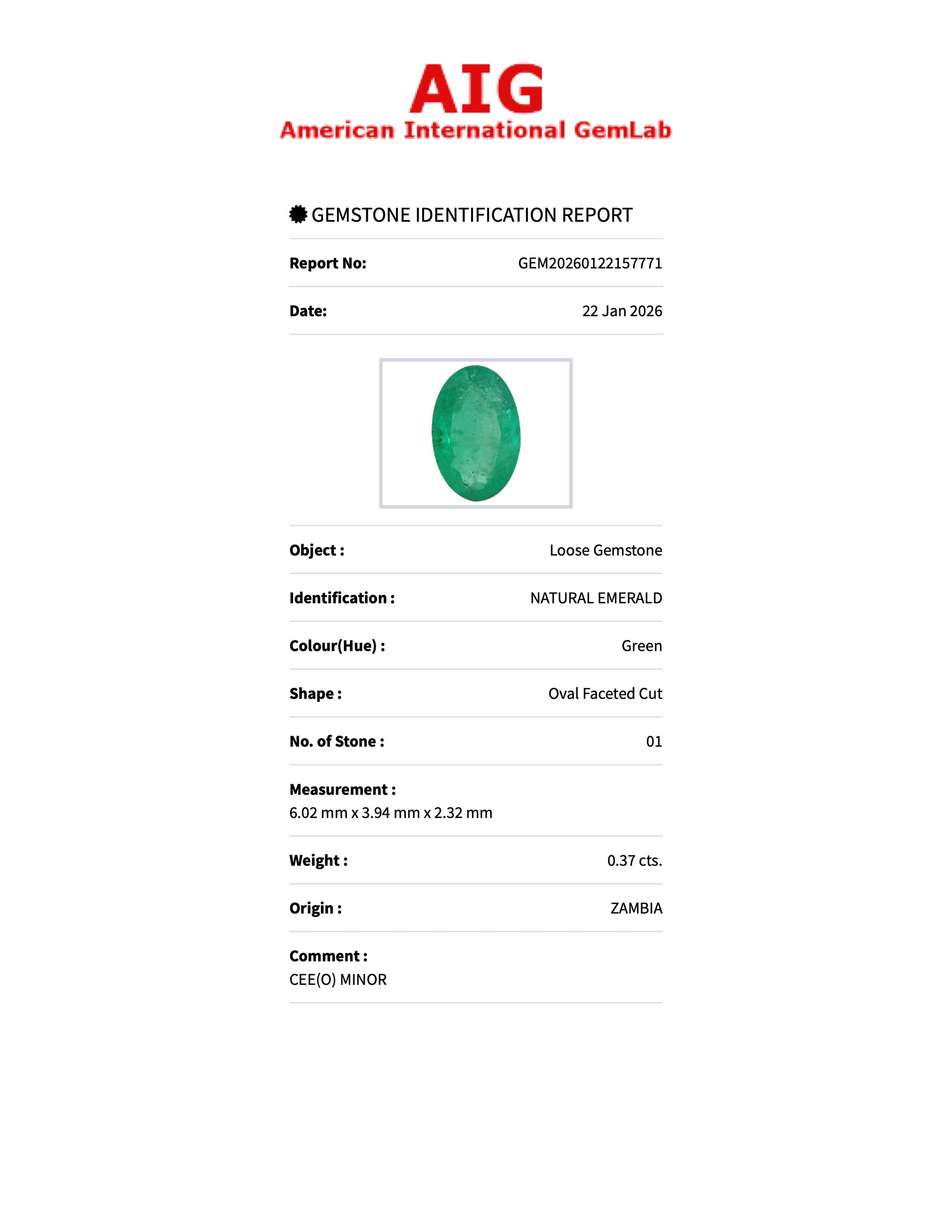 Sapphire Row 0.37 ct Natural Emerald Green, Oval Cut, Zambia, AIG Certified