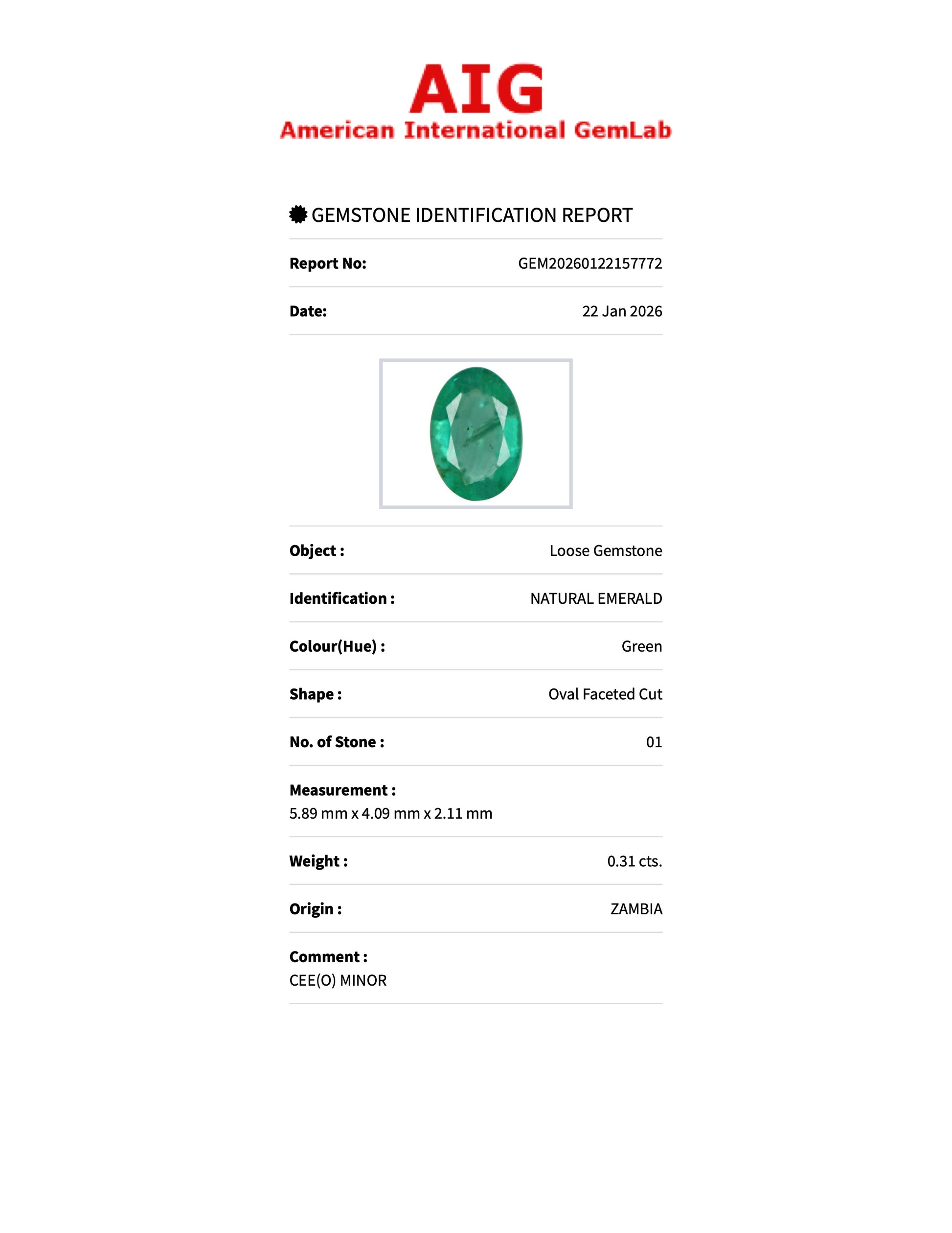 Sapphire Row 0.31 ct Natural Emerald Green, Oval Cut, Zambia, AIG Certified
