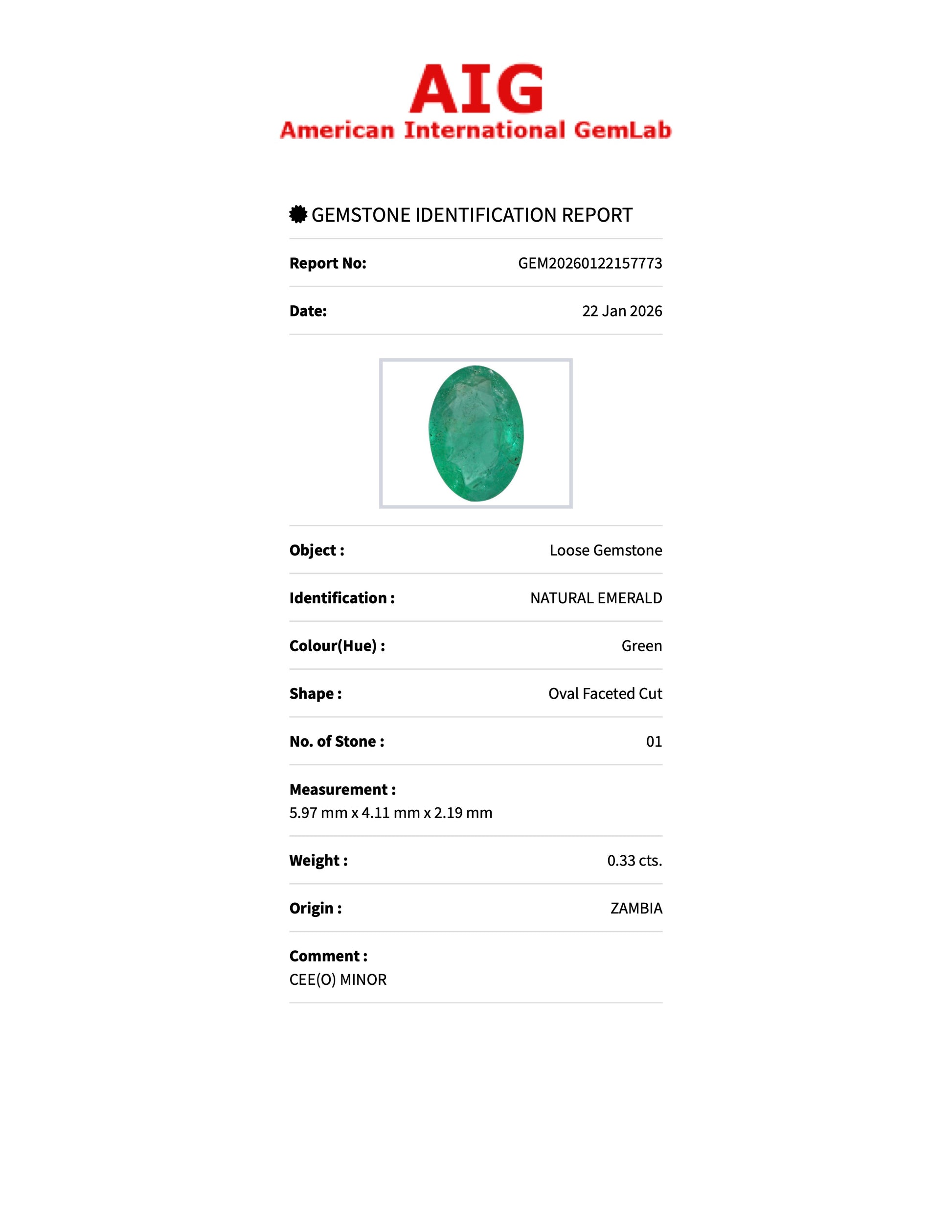 Sapphire Row 0.33 ct Natural Emerald Green, Oval Cut, Zambia, AIG Certified