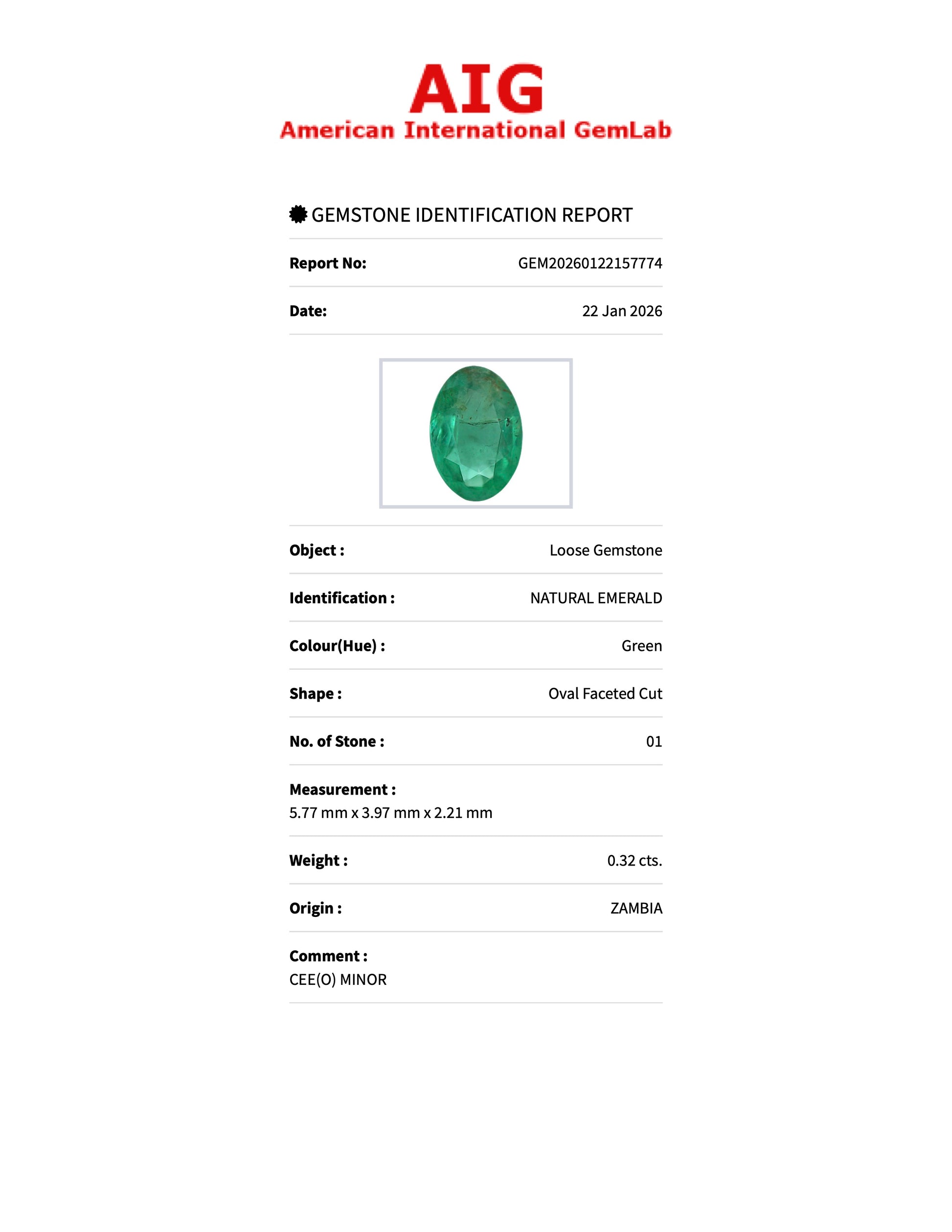 Sapphire Row 0.32 ct Natural Emerald Green, Oval Cut, Zambia, AIG Certified