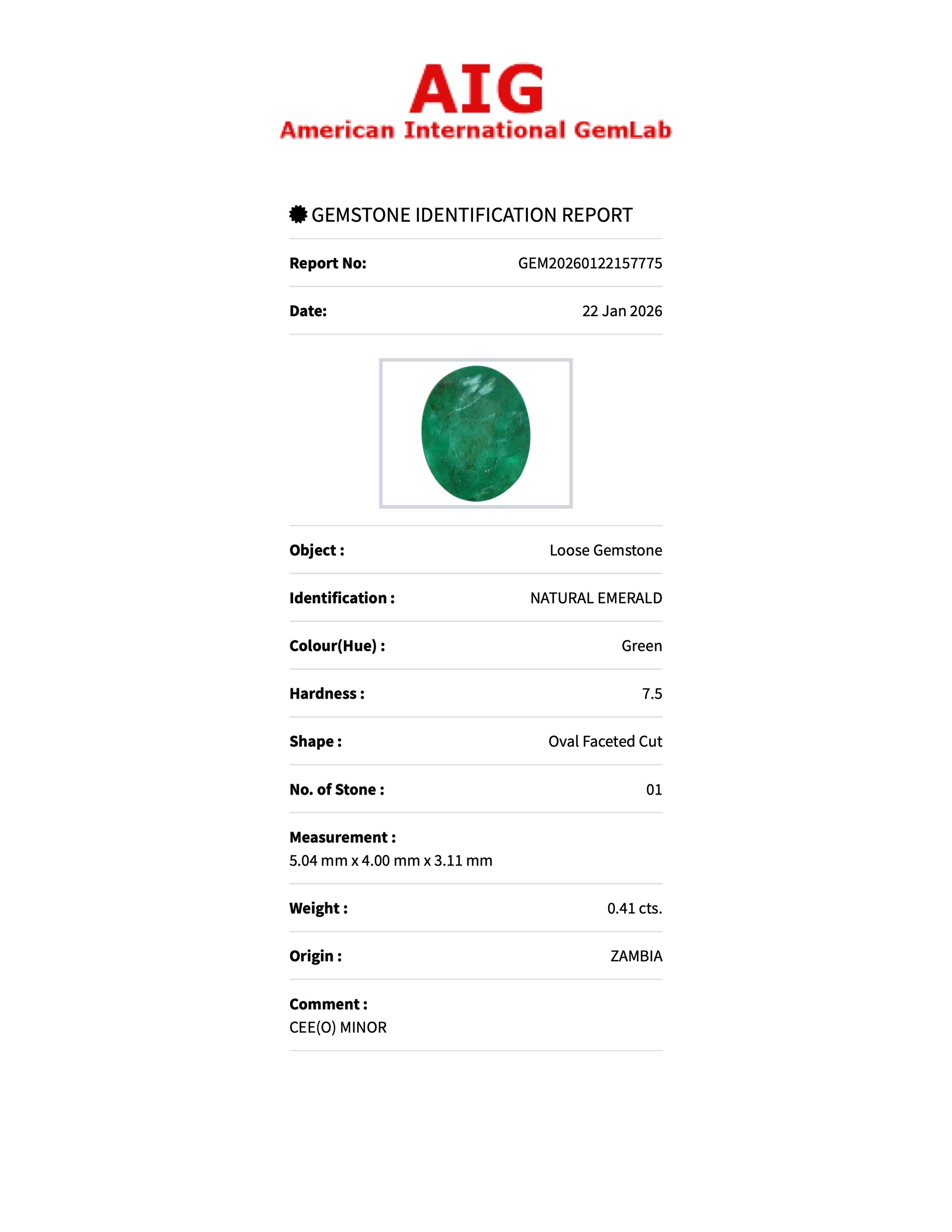 Sapphire Row 0.41 ct Natural Emerald Green, Oval Cut, Zambia (V2), AIG Certified
