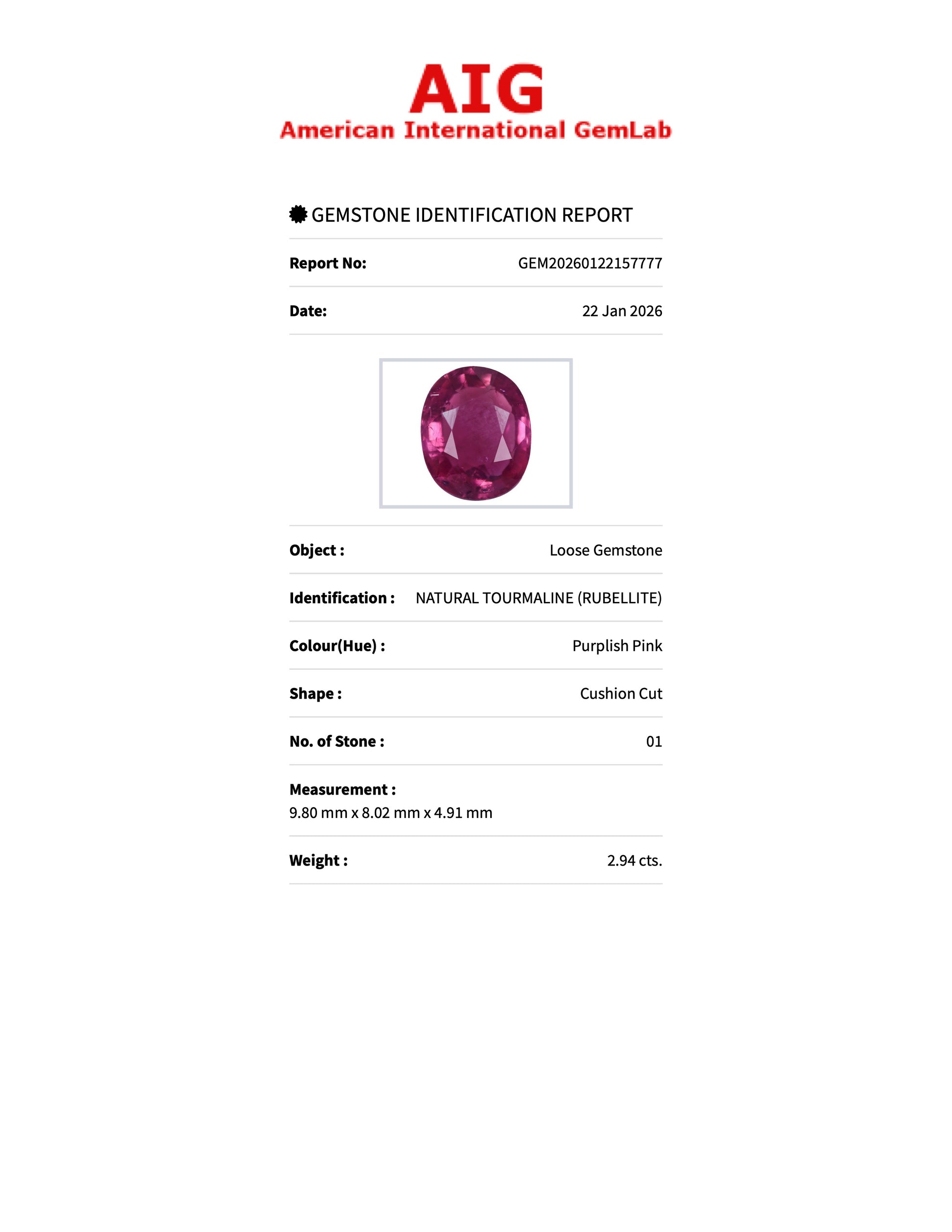 2.94 ct Natural Tourmaline (Rubellite) Purplish Pink – Cushion Cut – AIG Certified