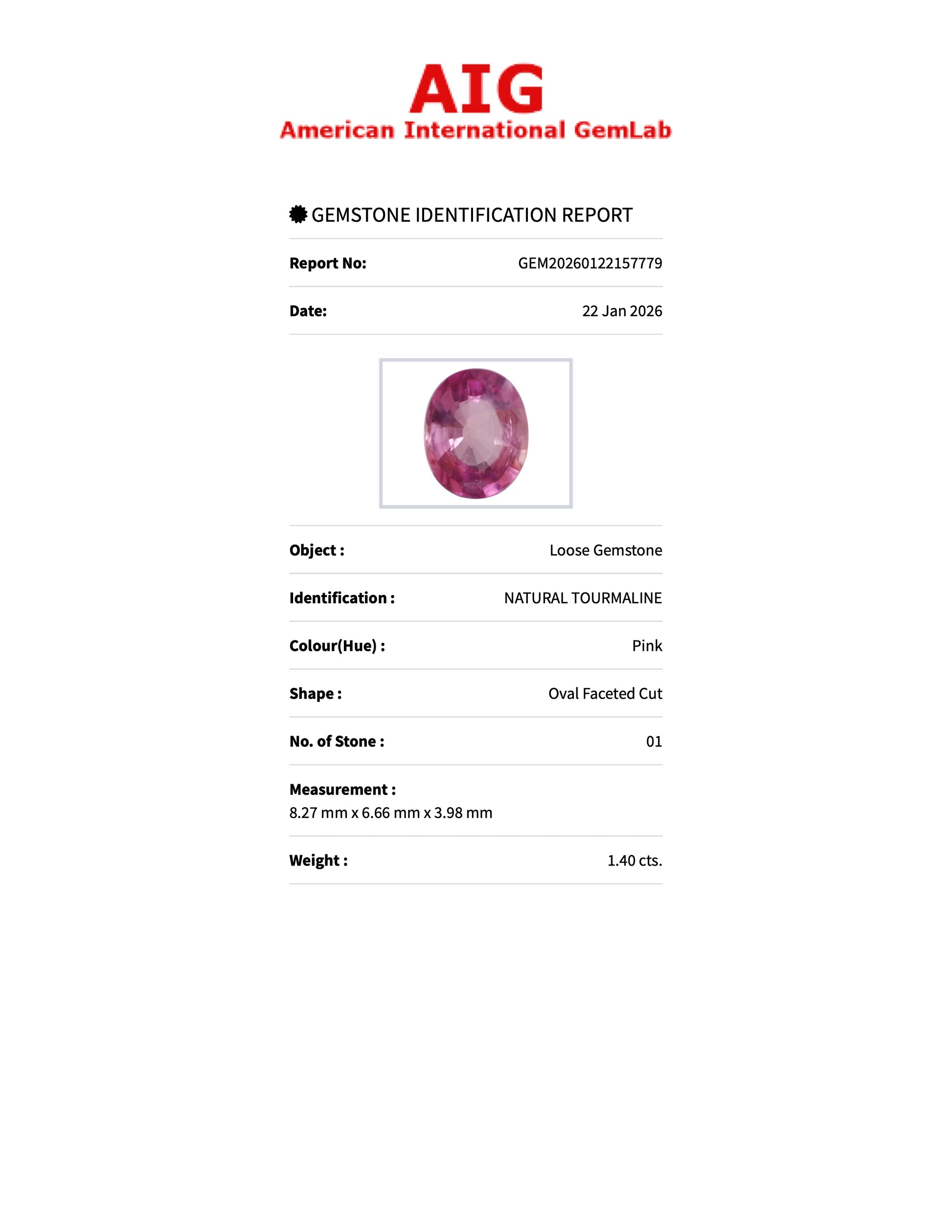 1.40 ct Natural Tourmaline Pink – Oval Cut – AIG Certified