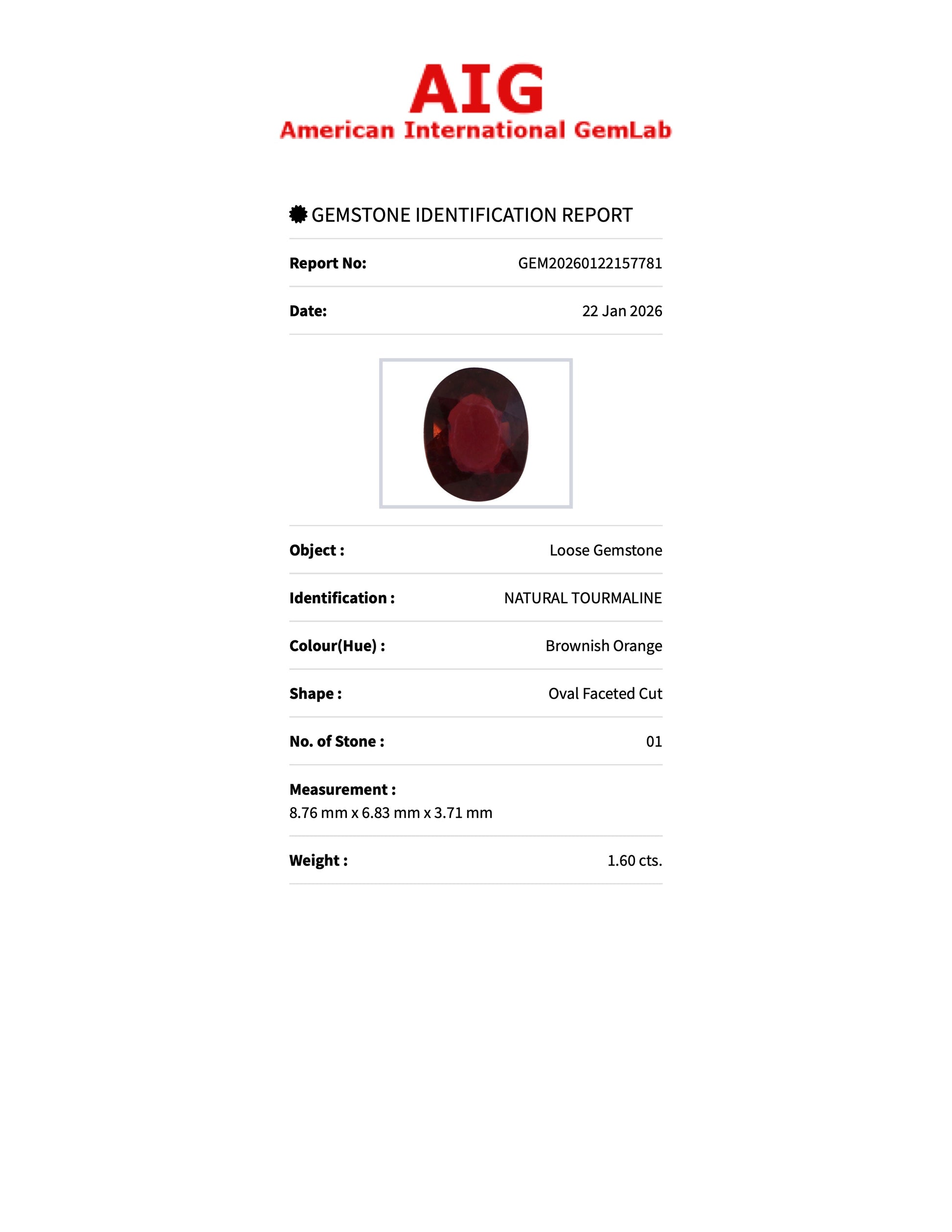 1.60 ct Natural Tourmaline Brownish Orange – Oval Cut – AIG Certified