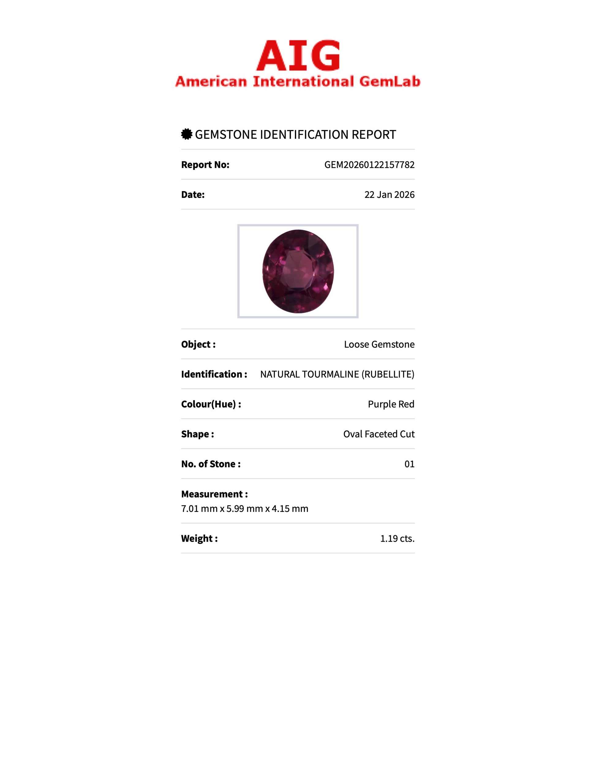 1.19 ct Natural Tourmaline (Rubellite) Purple Red – Oval Cut – AIG Certified