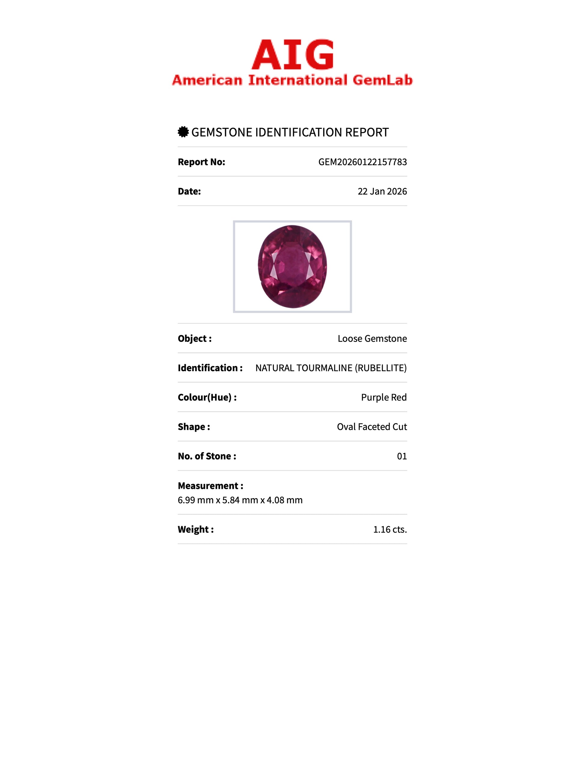 1.16 ct Natural Tourmaline (Rubellite) Purple Red – Oval Cut – AIG Certified