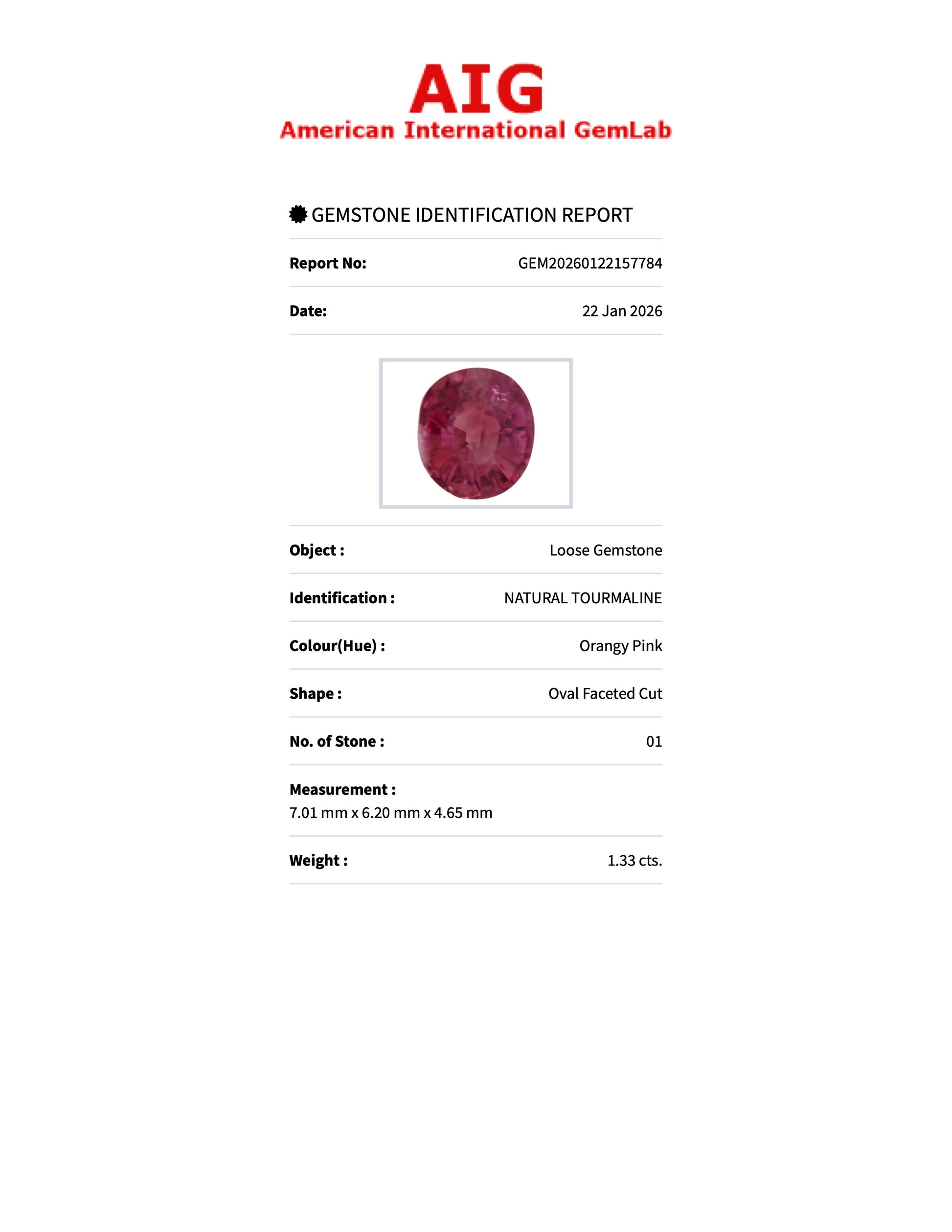 1.33 ct Natural Tourmaline Orangy Pink – Oval Cut – AIG Certified