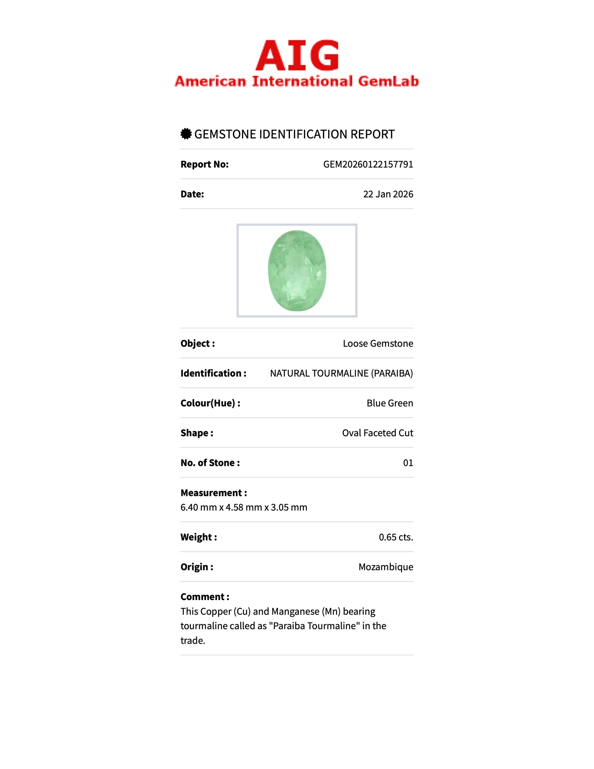 0.65 ct Natural Paraiba Tourmaline Blue Green – Oval Cut – Mozambique – AIG Certified