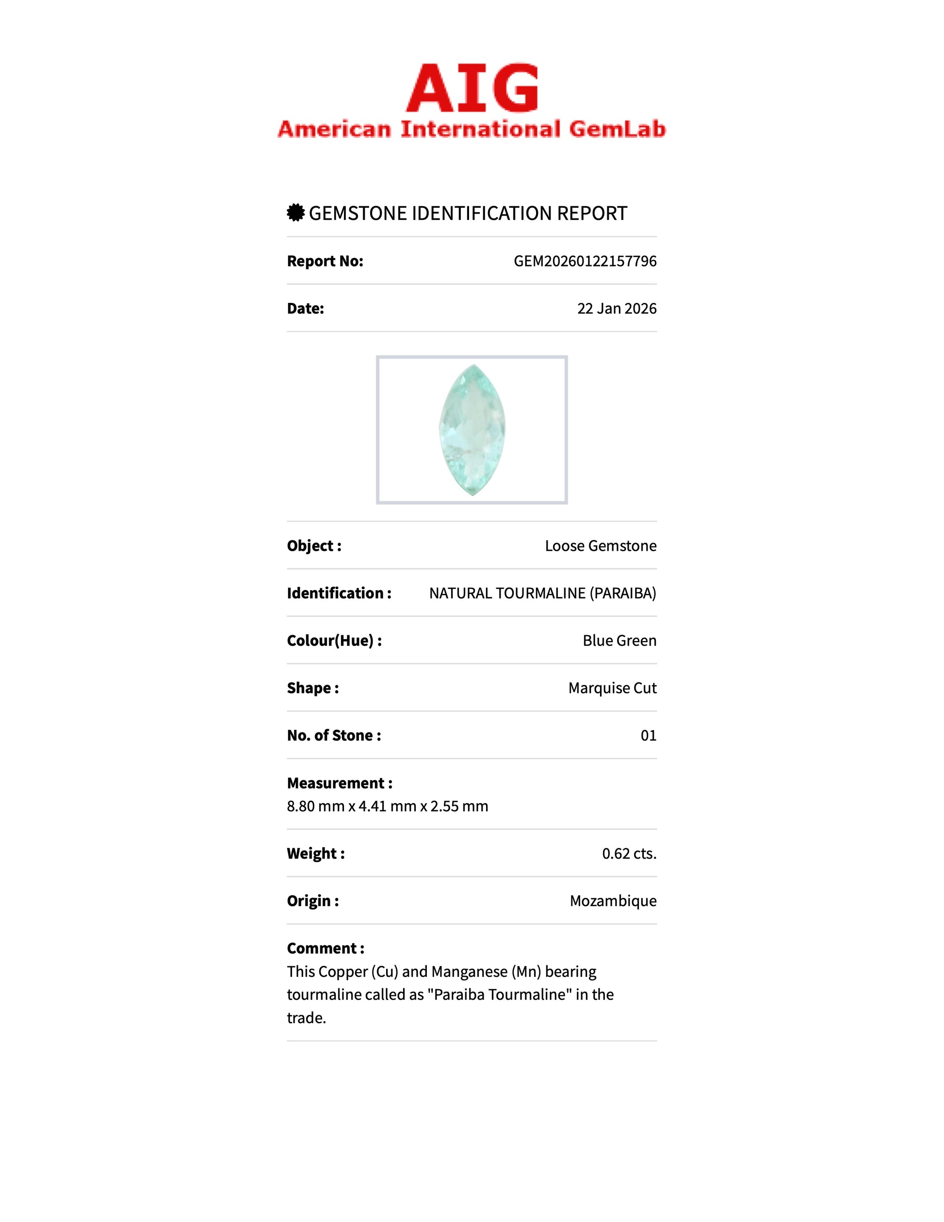 0.62 ct Natural Paraiba Tourmaline Blue Green – Marquise Cut – Mozambique – AIG Certified