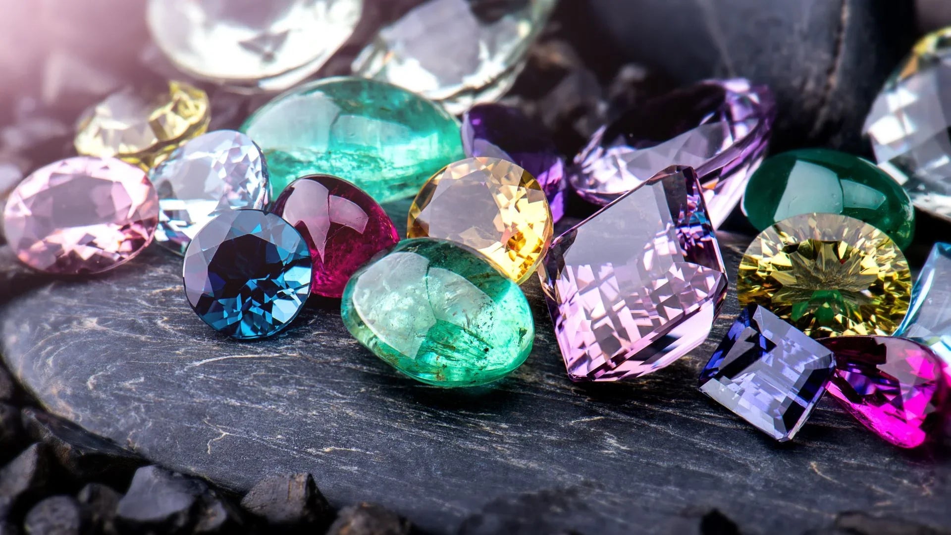 Assorted loose gemstones in various colors and cuts displayed on dark stone surface