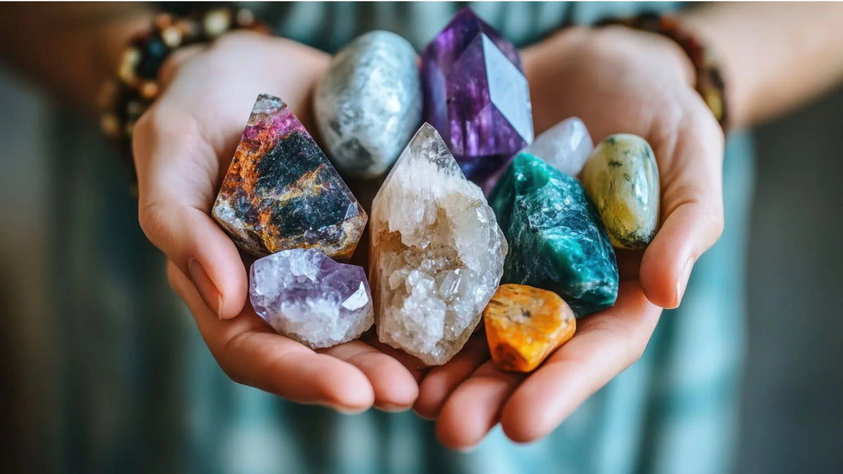 Hands holding assorted colorful gemstones, including amethyst and quartz crystals