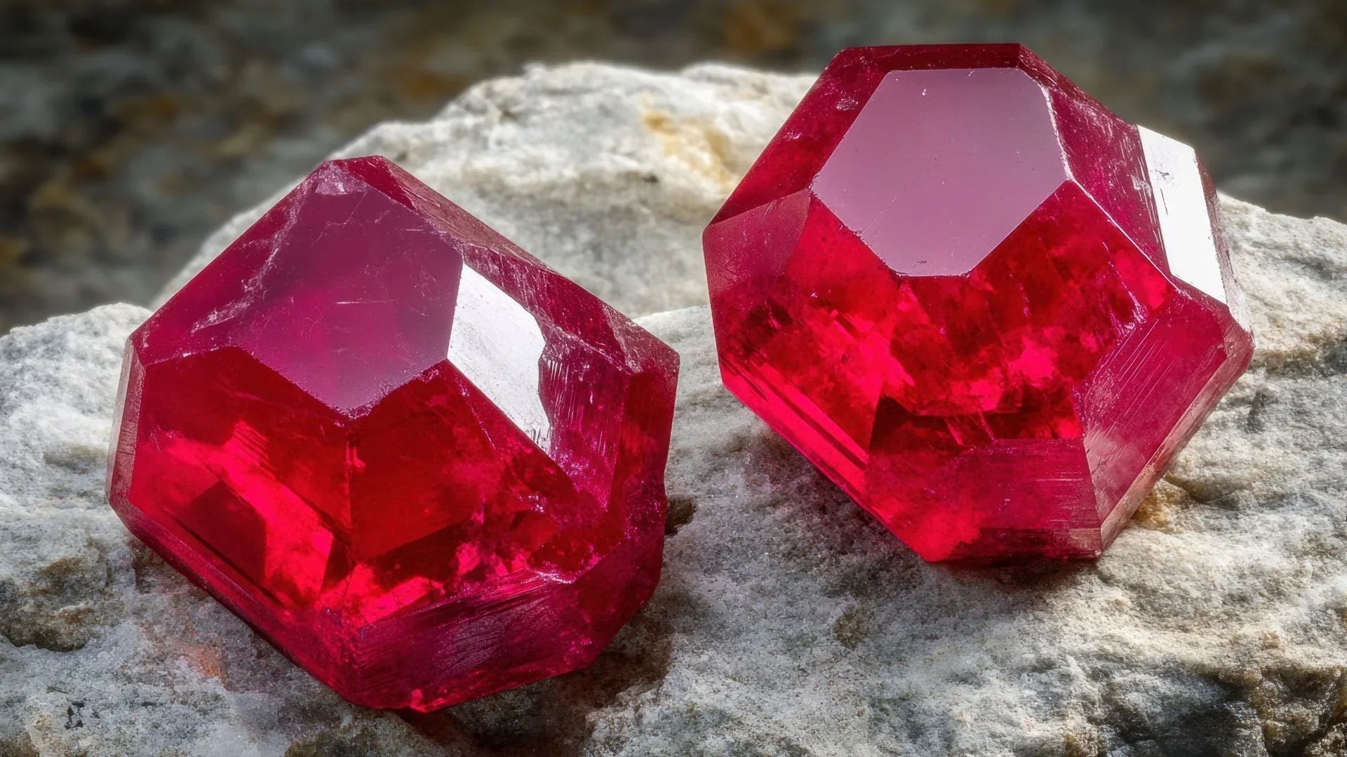 Two faceted red ruby gemstones on a gray stone background