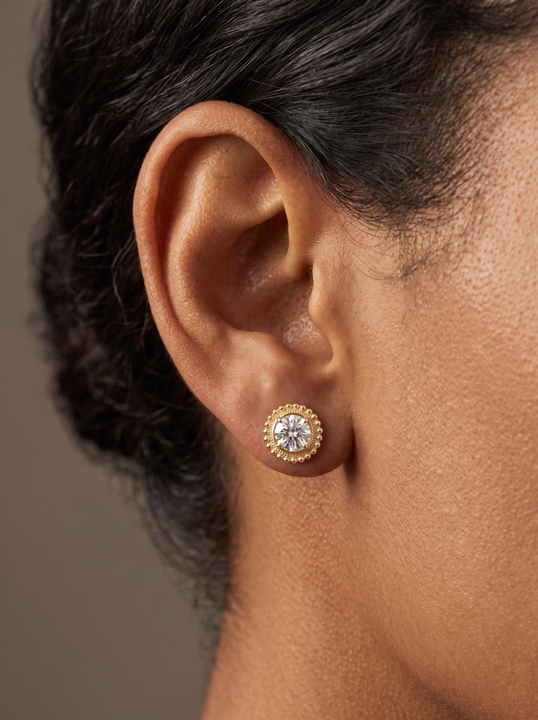 Gold Beaded Halo Jacket Earrings in 14K Yellow Gold, worn on the ear