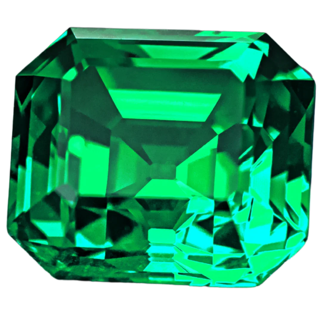 Vivid green emerald-cut gemstone with radiant facets, wholesale certified gemstone