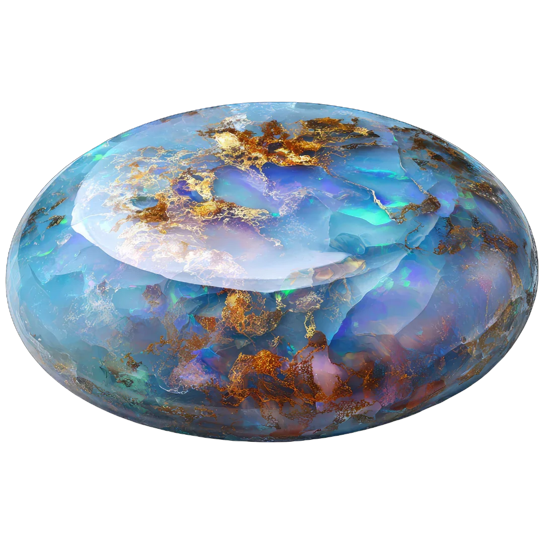 Oval cabochon opal gemstone with blue, iridescent, and golden inclusions on black background