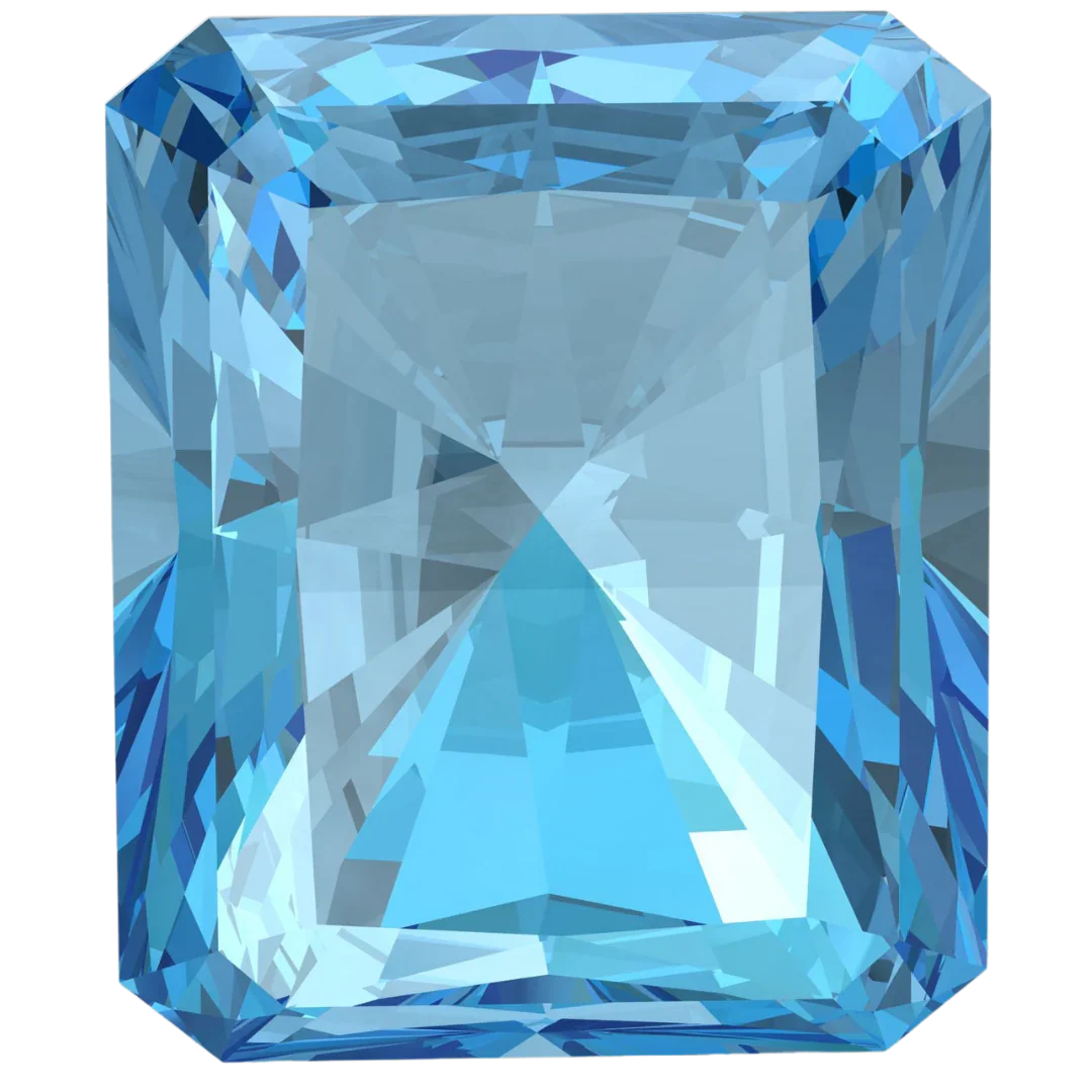 Emerald-cut blue aquamarine gemstone on a black background