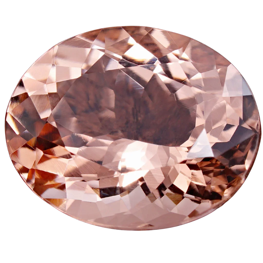 Oval peach-pink morganite gemstone with brilliant facets
