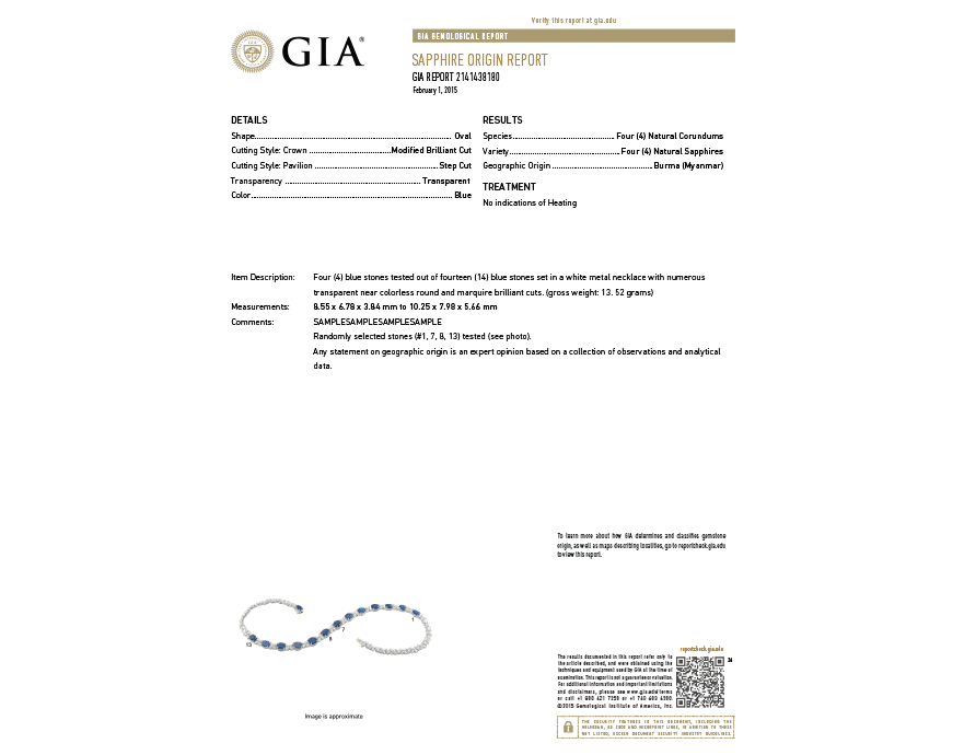 GIA sapphire origin report with details for blue oval sapphires in white metal necklace.