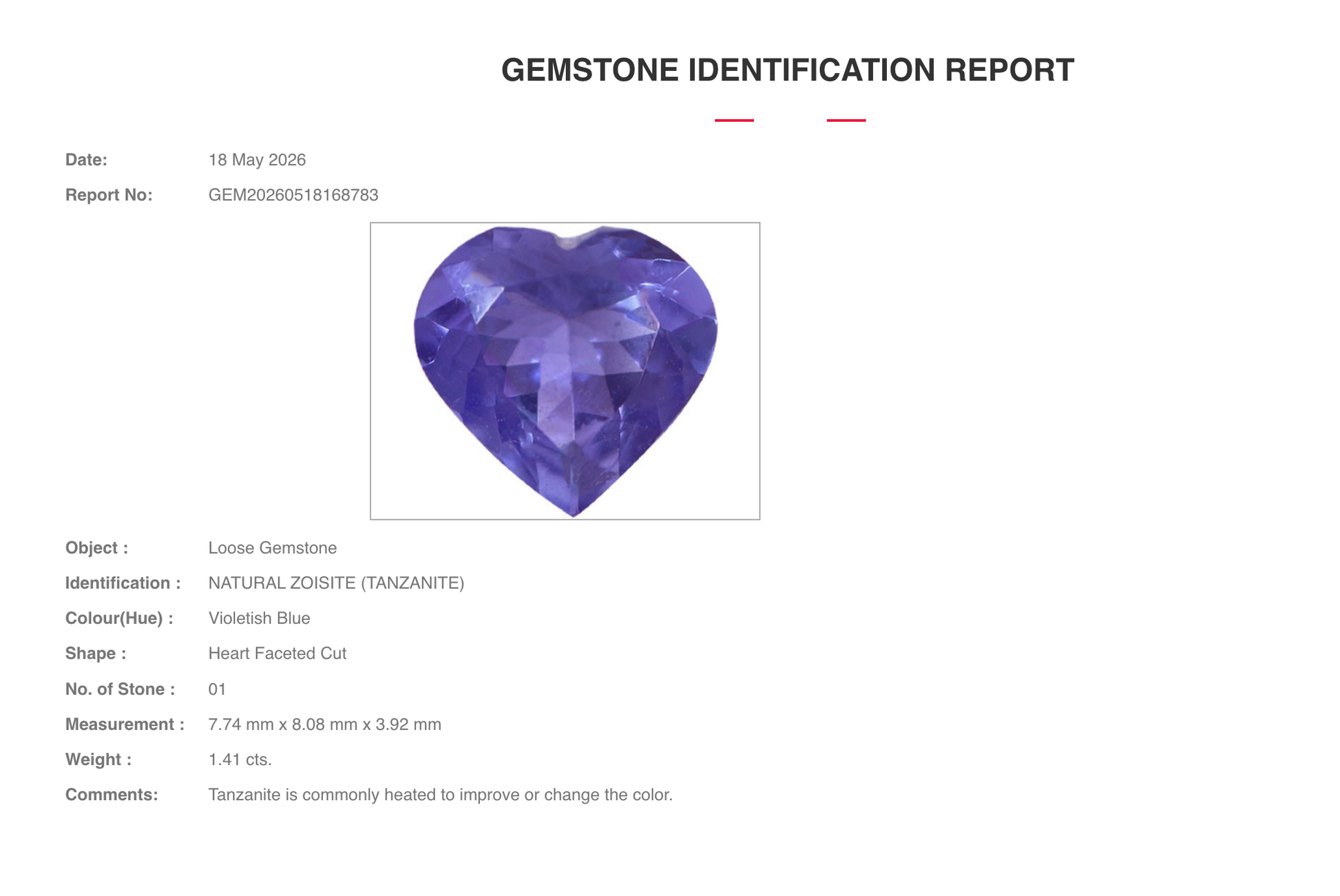 Sapphire Row 1.41 ct Natural Violetish Blue Tanzanite, Heart Cut, AIG Certified