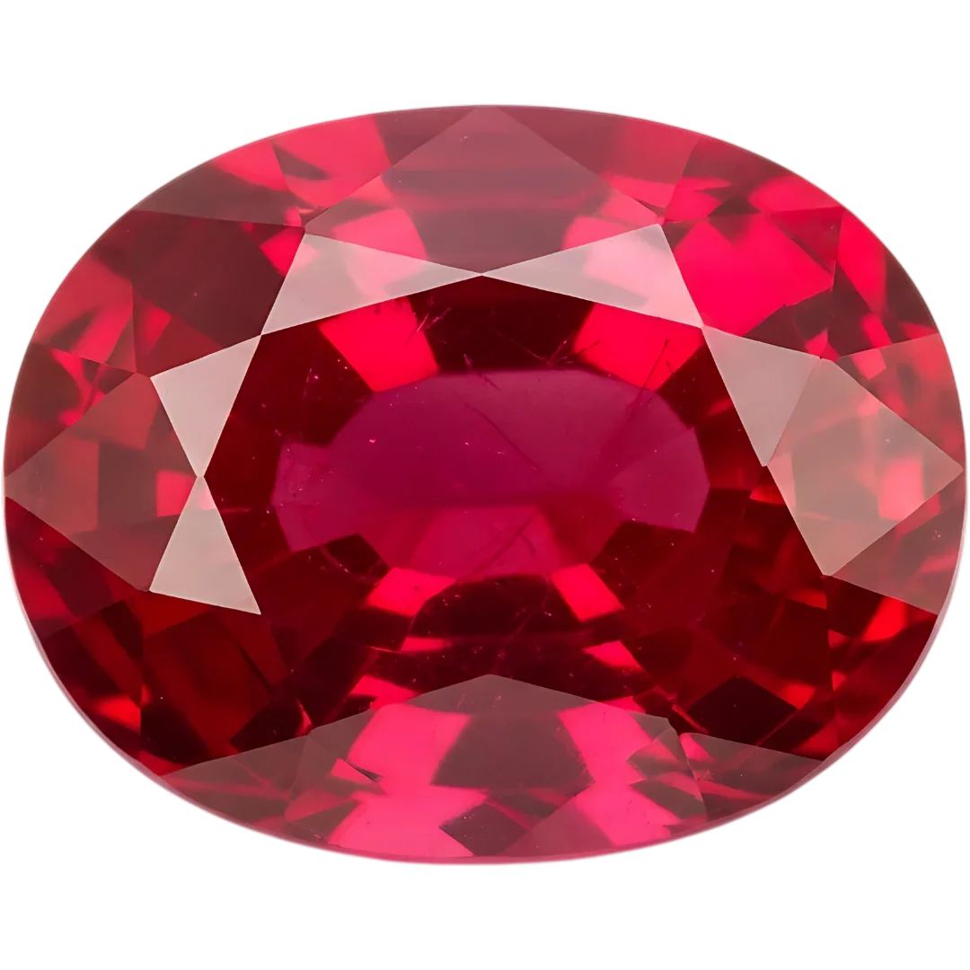 Faceted oval red ruby gemstone from Thailand on black background