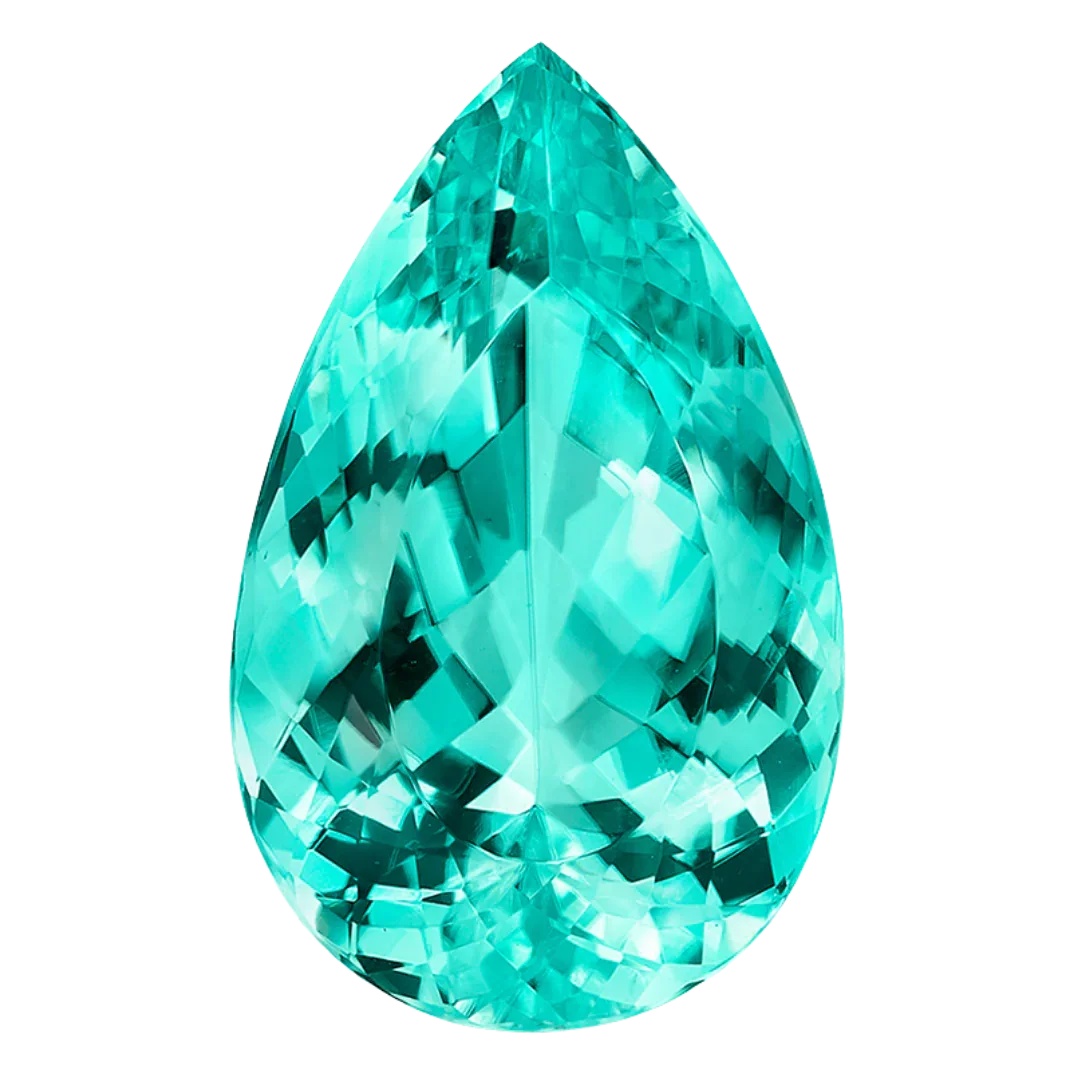 Pear-shaped Paraíba-type teal tourmaline gemstone on a black background