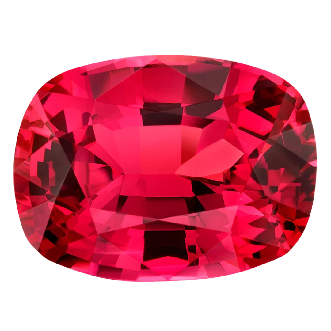 Vivid red cushion-cut spinel gemstone on a black background