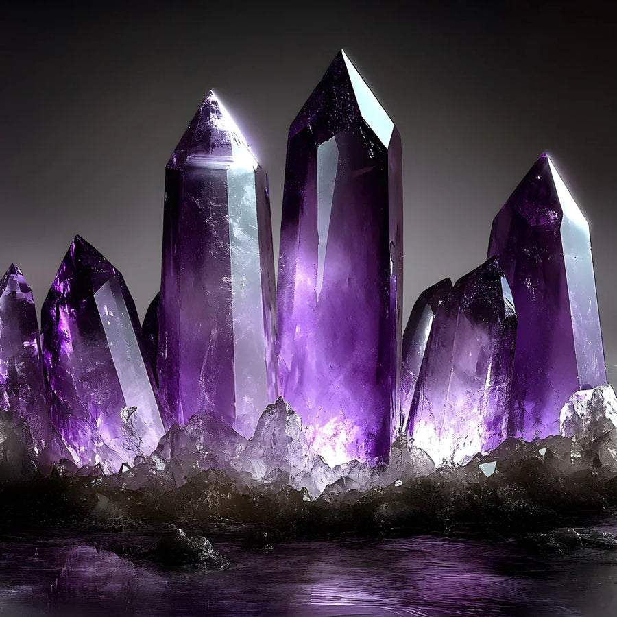 Cluster of natural amethyst crystals with deep purple hues and sharp facets