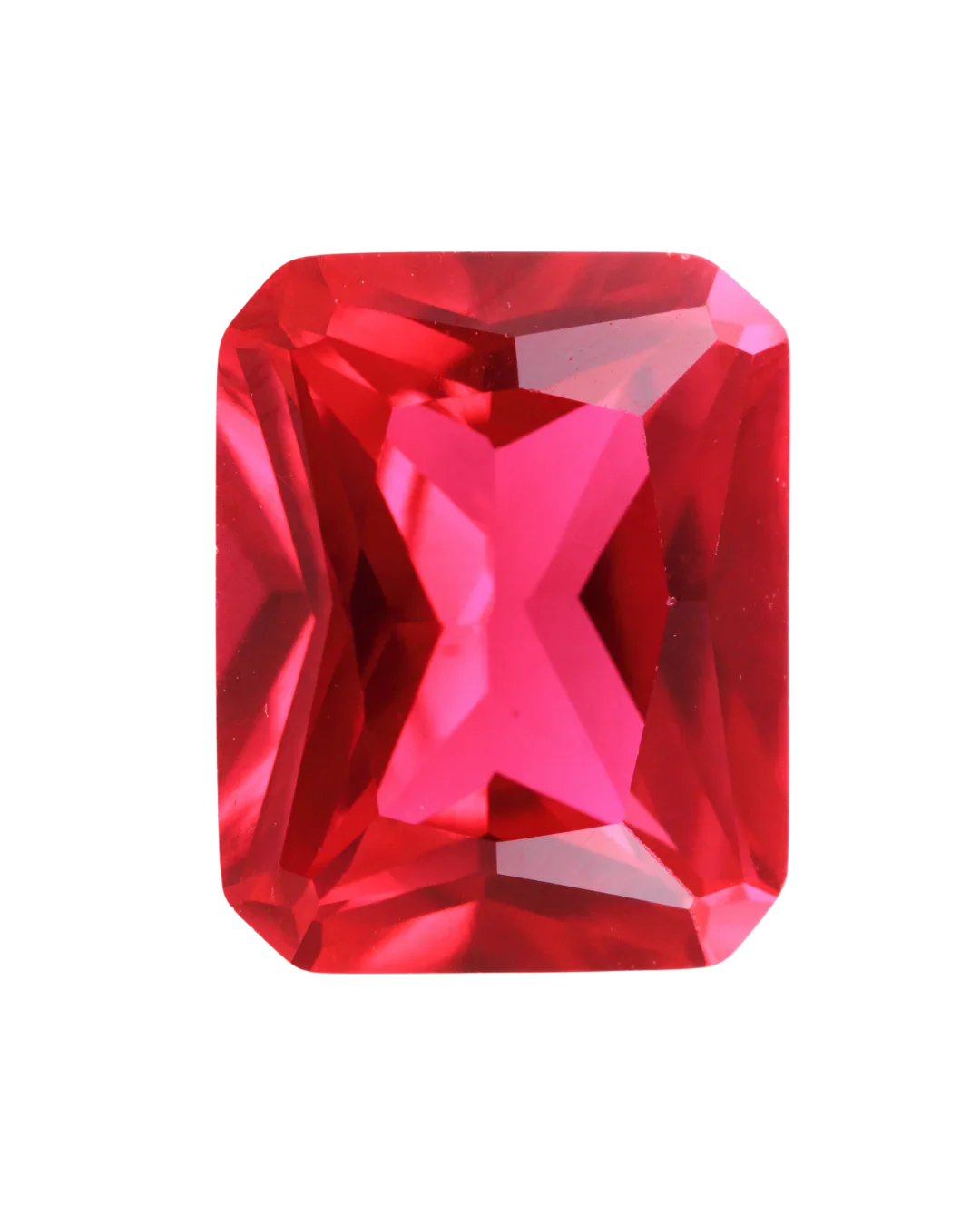 Radiant-cut red ruby gemstone on a black background