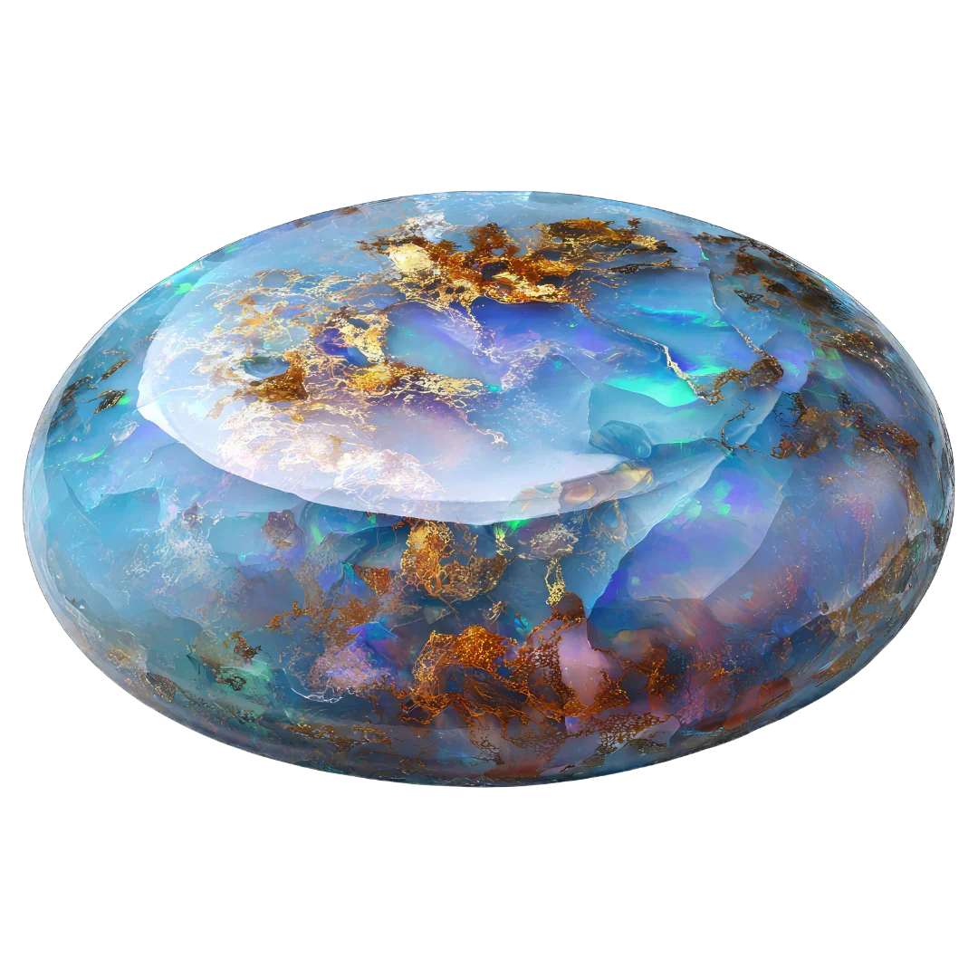 polished opal gemstone with blue, green, and gold hues, isolated on white background