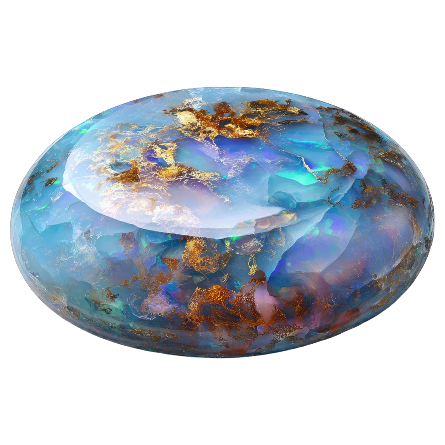 polished opal gemstone with blue, green, and gold hues, isolated on white background