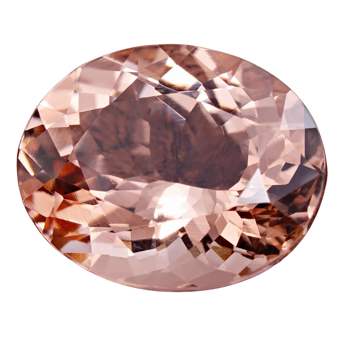 Faceted oval peach morganite gemstone with brilliant cut