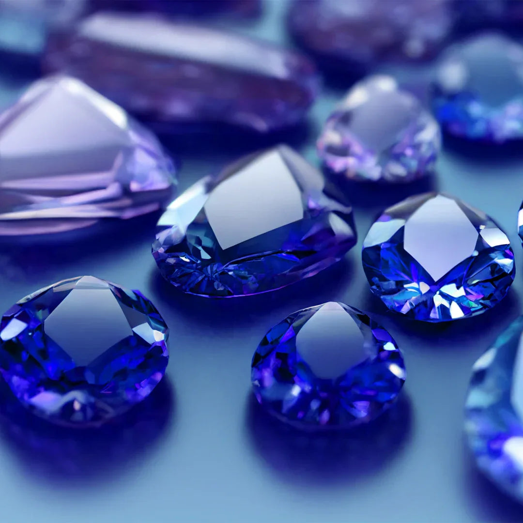 Assorted faceted blue and violet gemstones displayed on a smooth surface
