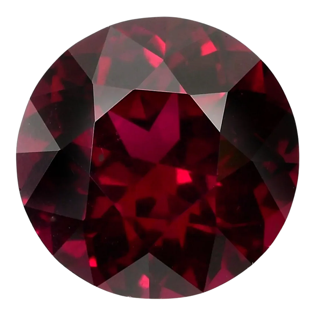 Round deep-red garnet gemstone with brilliant facets on a black background
