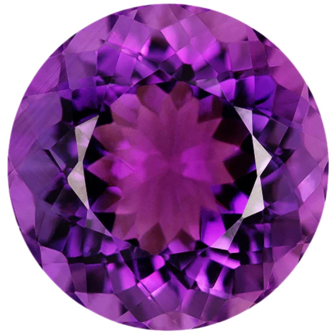 Round brilliant-cut purple amethyst gemstone, faceted and sparkling.