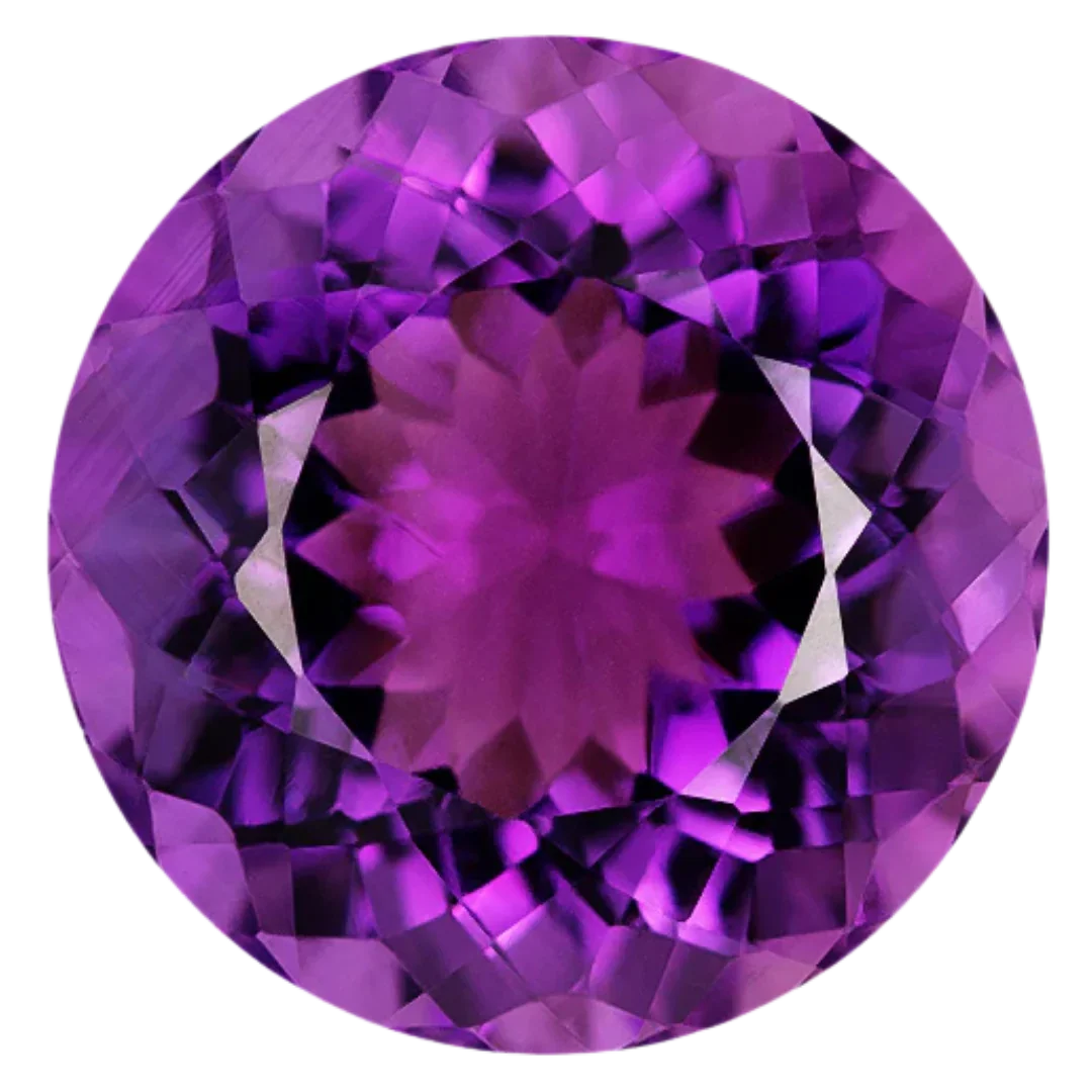 Round violet amethyst gemstone with intricate faceting