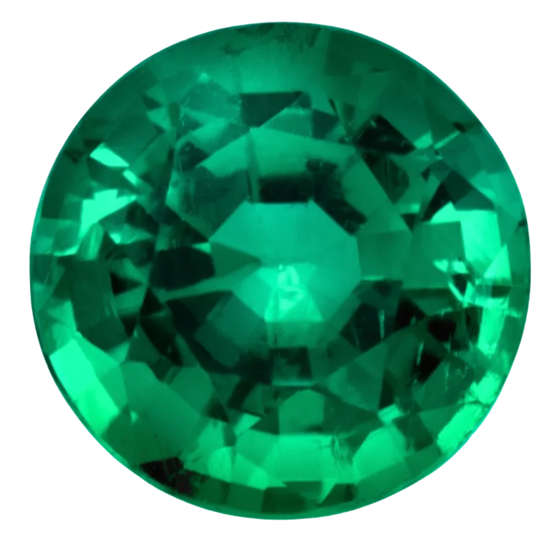 Round brilliant-cut green emerald gemstone with vibrant facets