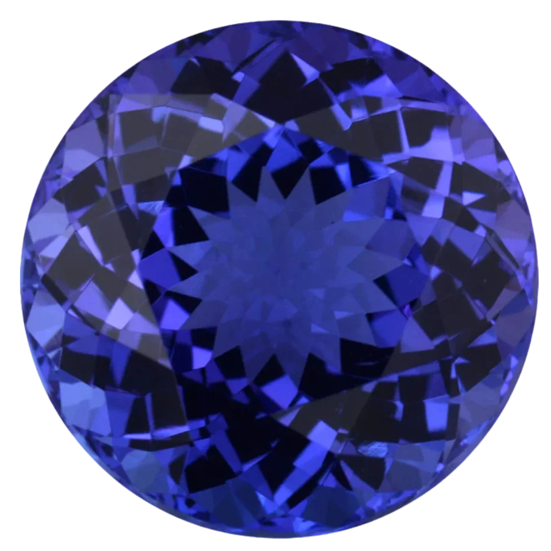 Round faceted blue tanzanite gemstone with vivid violet-blue color and brilliant cut