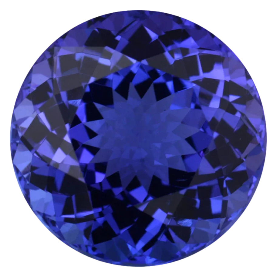 Round faceted blue tanzanite gemstone with vivid violet-blue color and brilliant cut