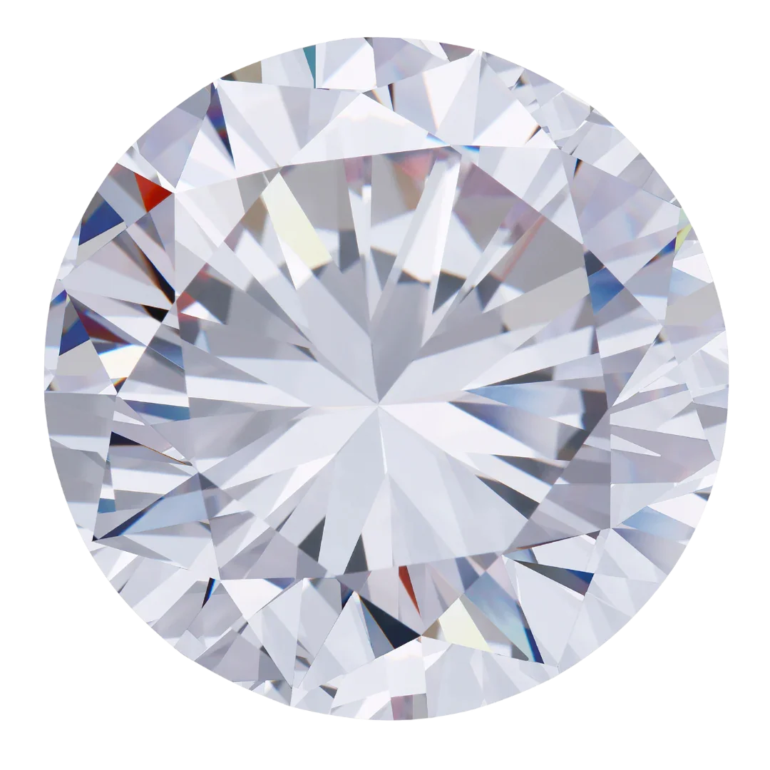 Round brilliant-cut colorless zircon gemstone with diamond-like fire