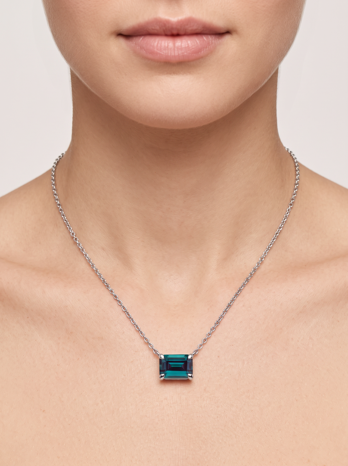 Lab-Grown Emerald-Cut Gemstone Necklace in Platinum, Alexandrite, worn at the collarbone